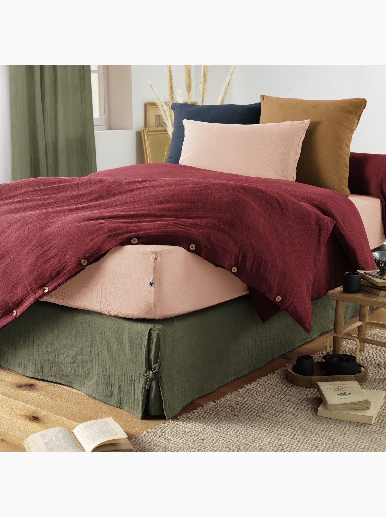 Cache sommier Gaze de coton gamme Gaia - Bleu canard
