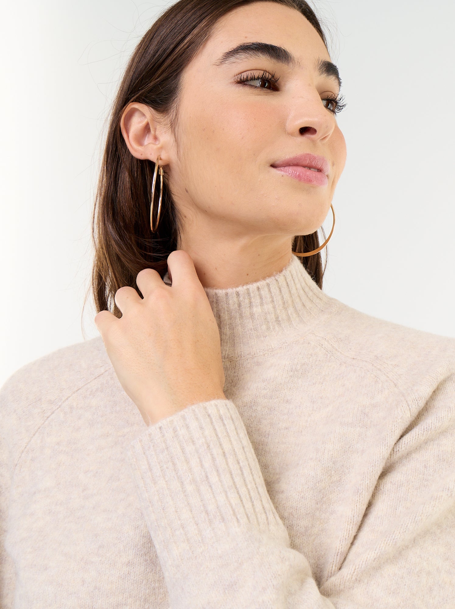 Pull col montant en rib - Beige