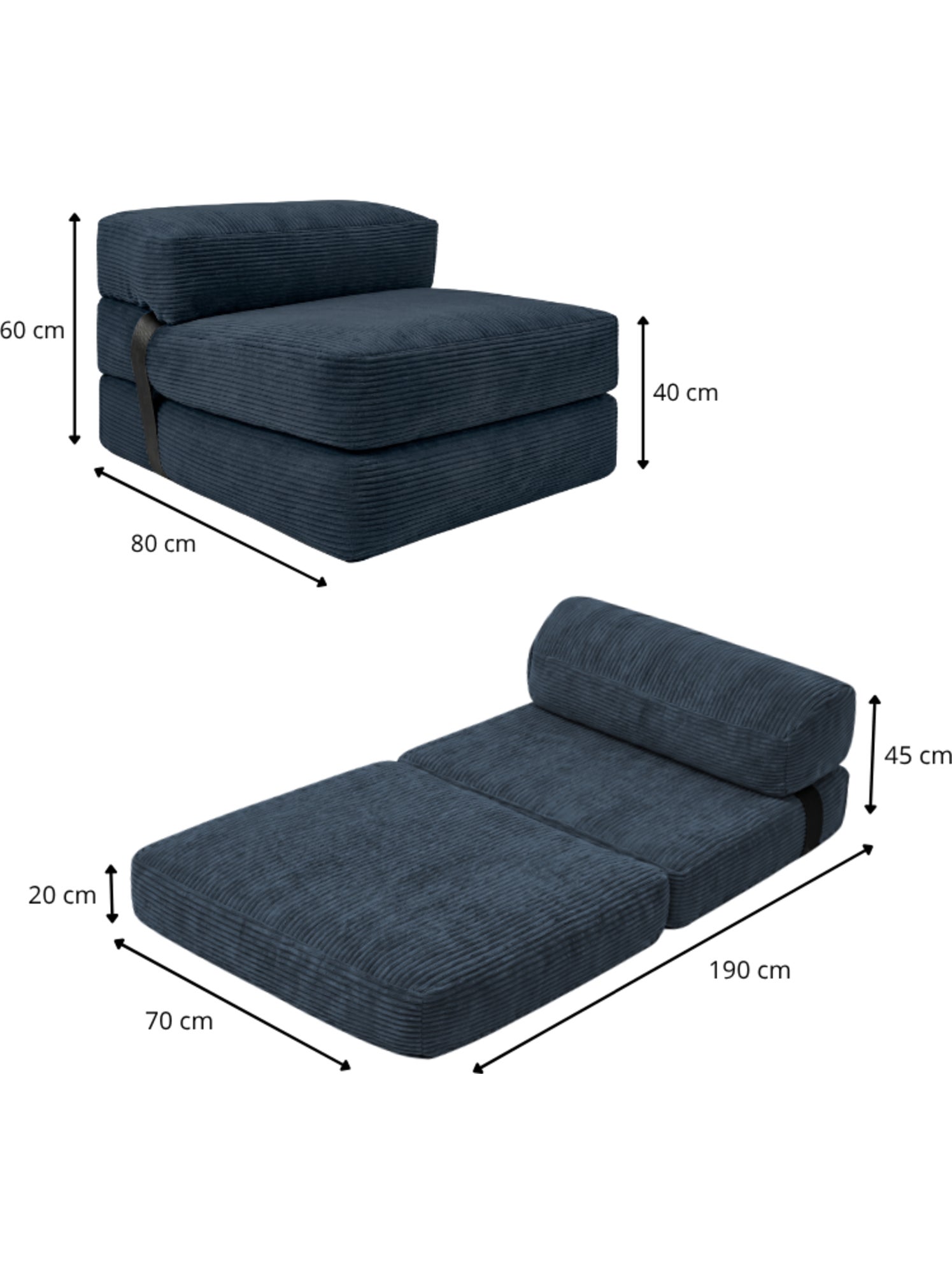 Chauffeuse déhoussable 70x190 cm gris foncé - Bleu foncé