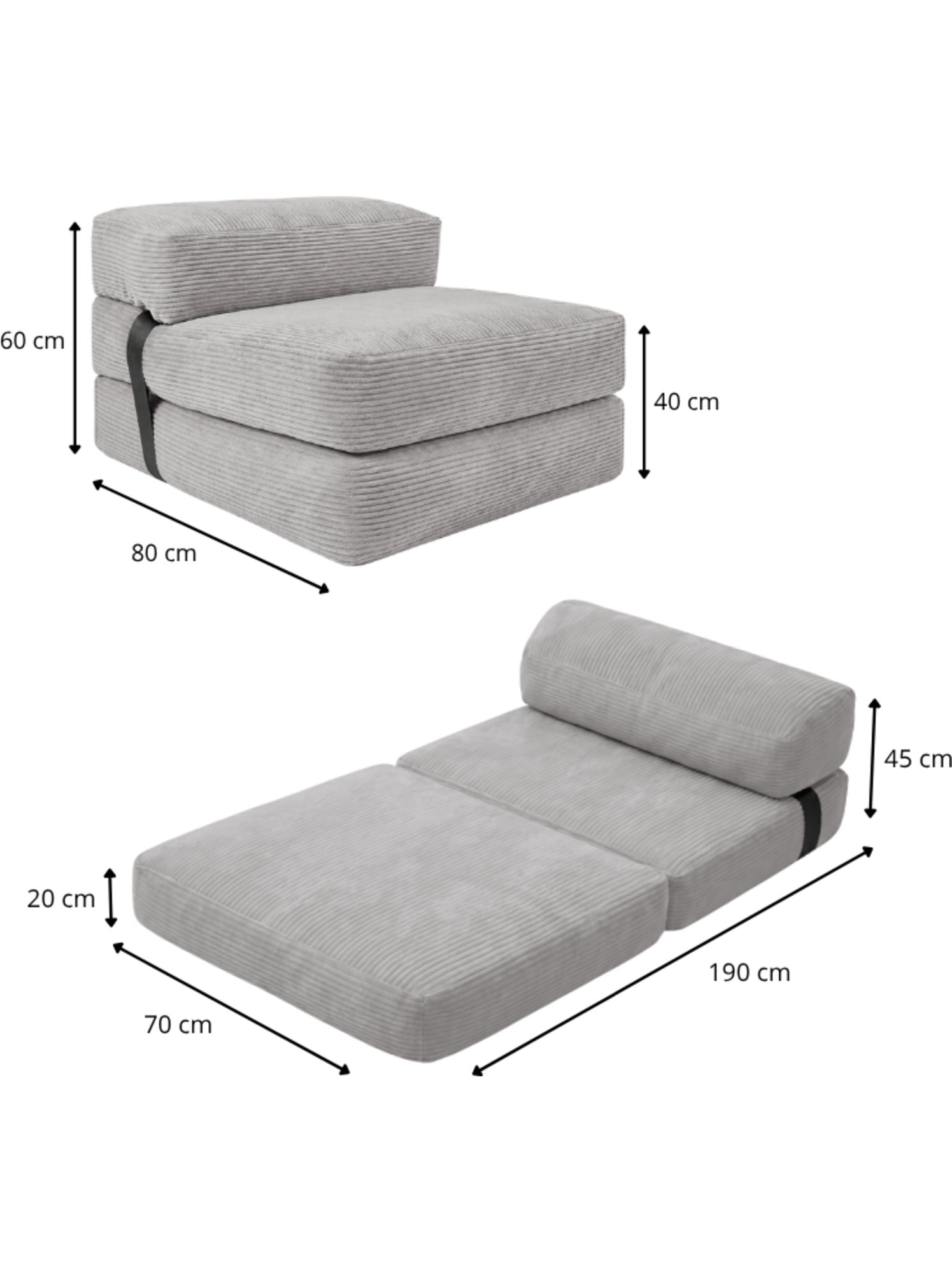 Chauffeuse déhoussable 70x190 cm gris foncé - Gris clair