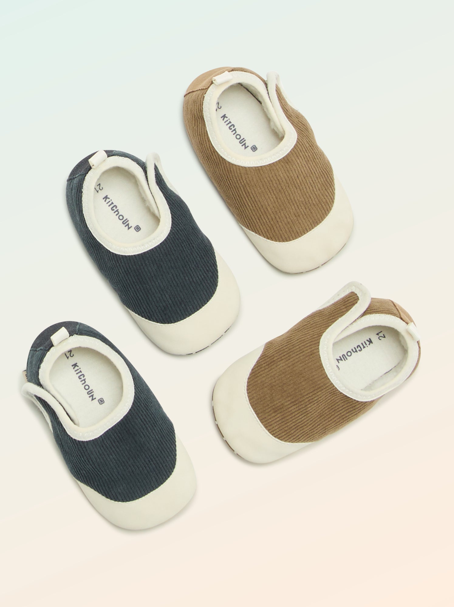 Chaussons côtelés à scratchs - 'Kitchoun' - Bleu