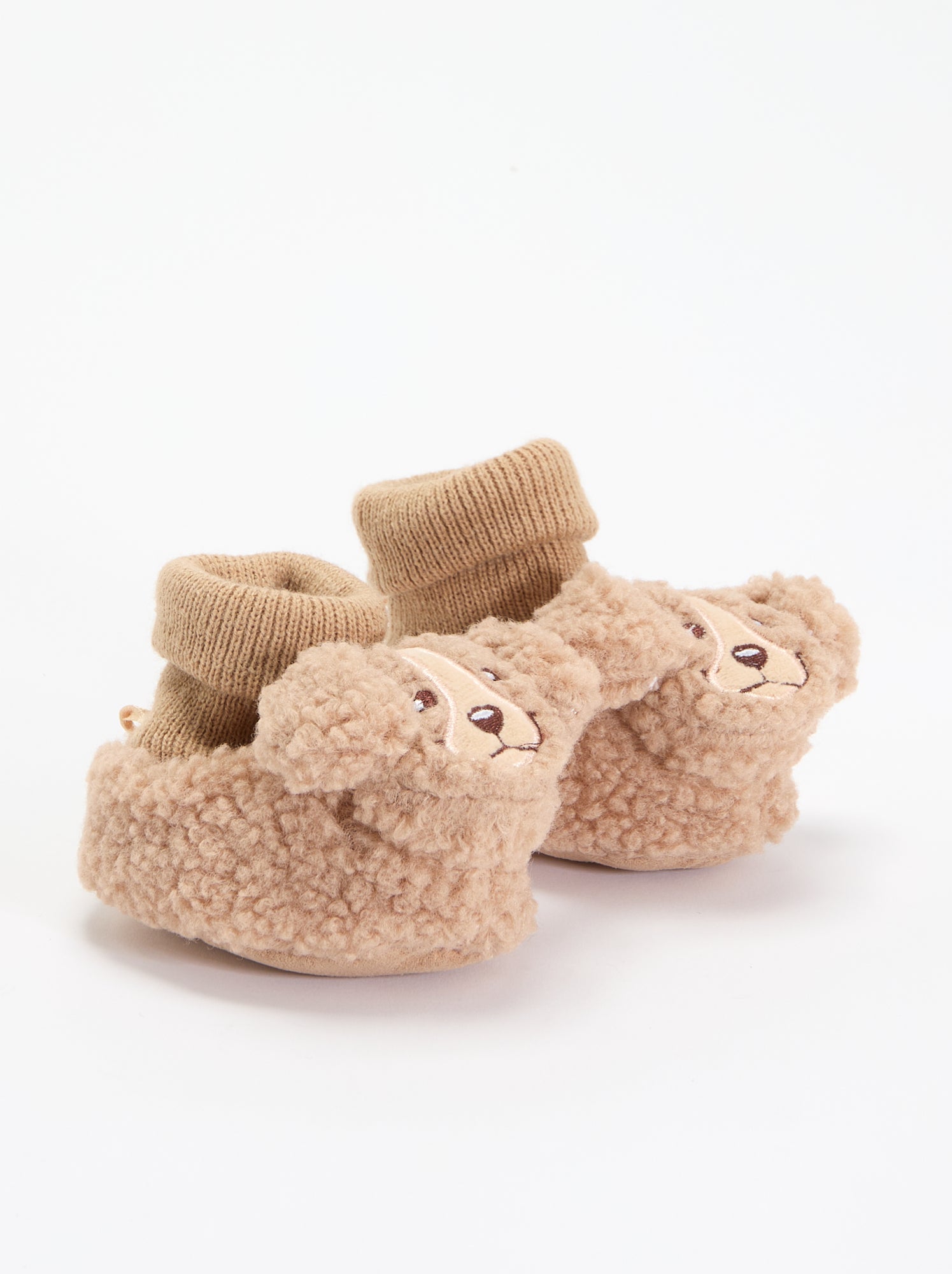 Chaussons effet moutonné avec tête d'animal - Beige