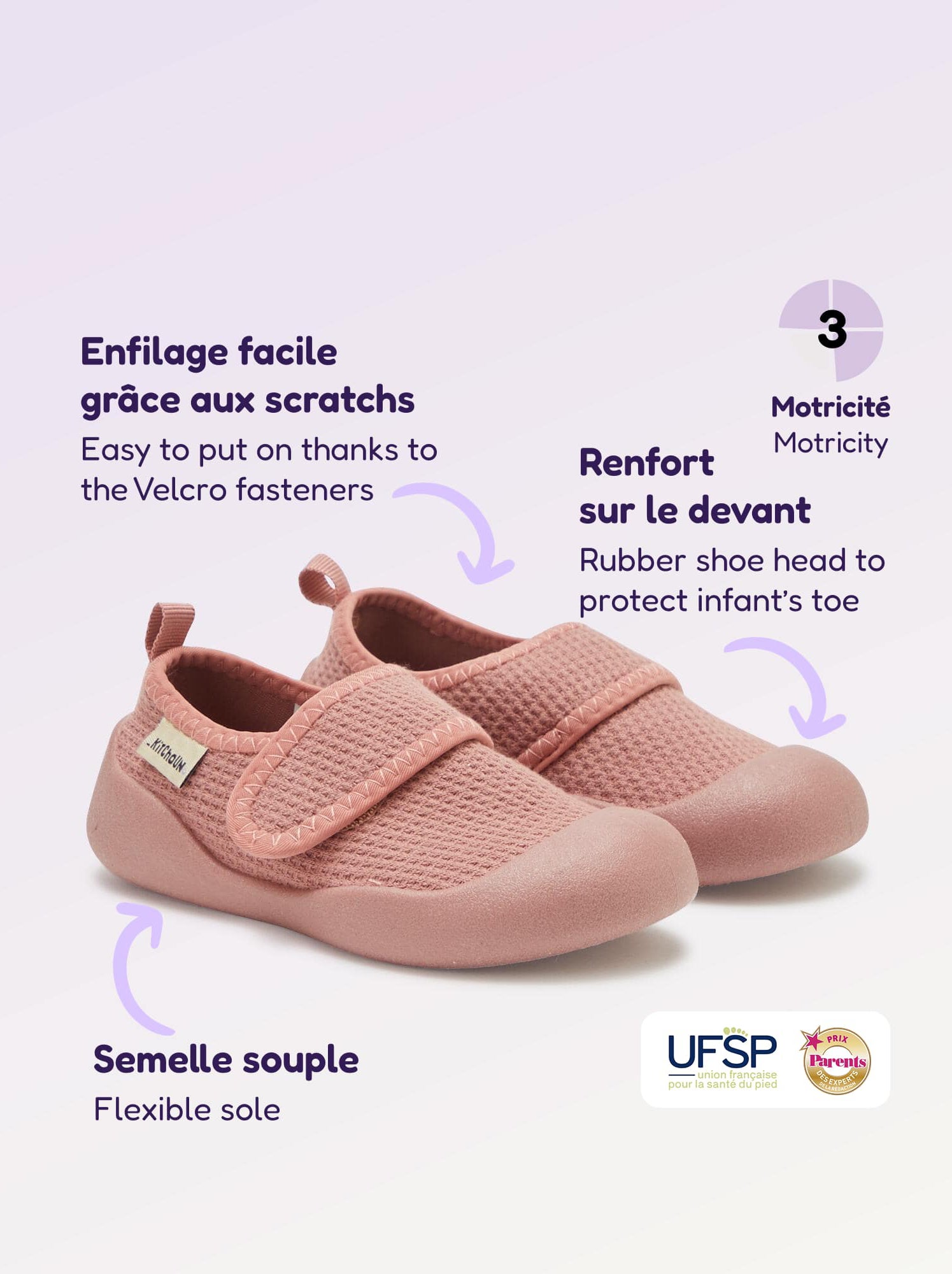 Chaussons motricité 3 '1ers pas' - Kitchoun - Rose (DMT51_2)