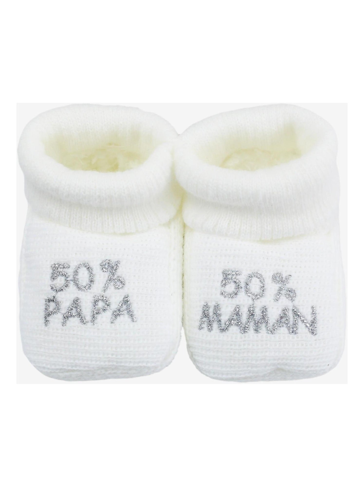 Chaussons naissance - message :  50% maman 50% papa - Blanc
