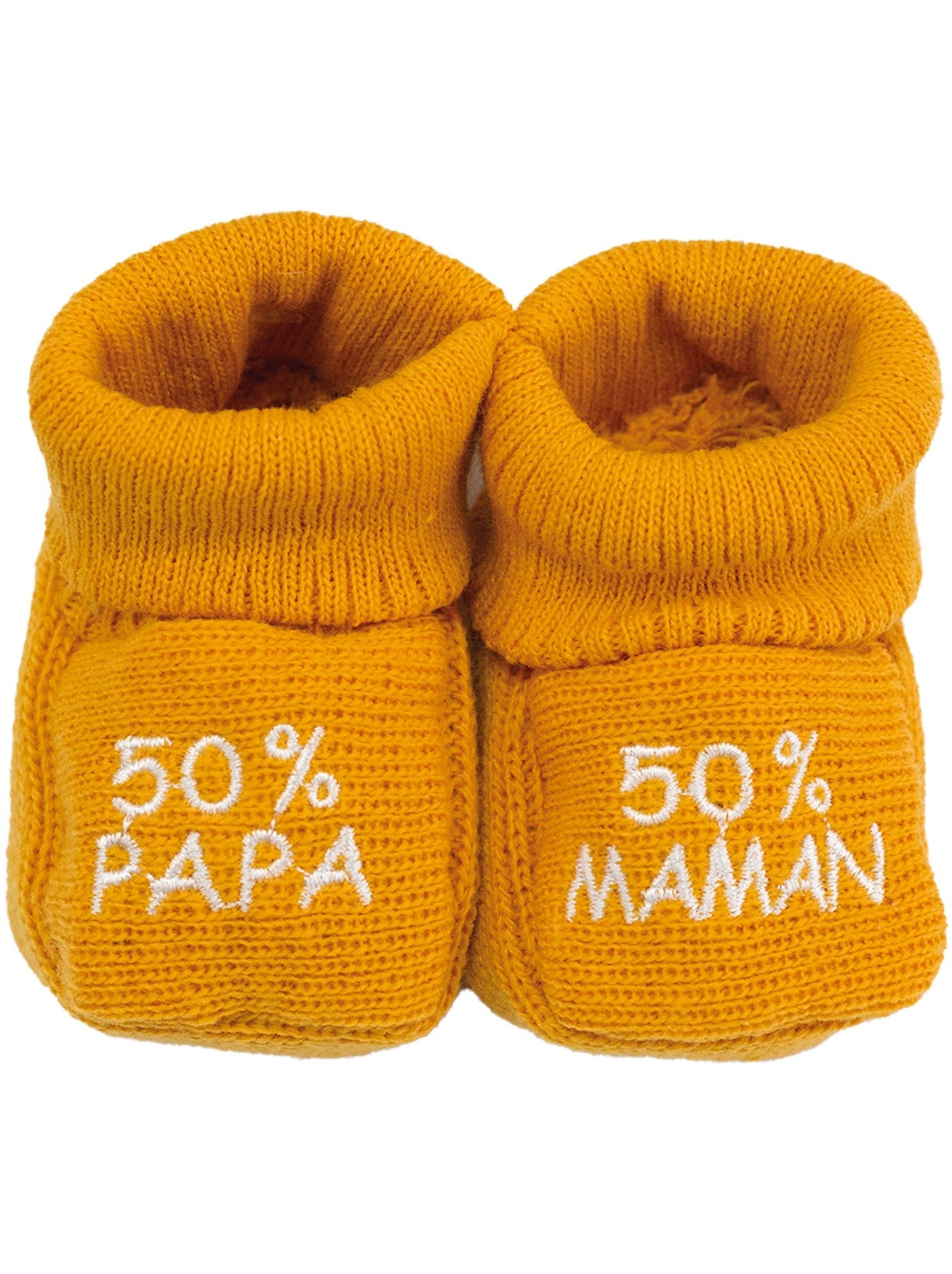 Chaussons naissance - message :  50% maman 50% papa - Jaune or