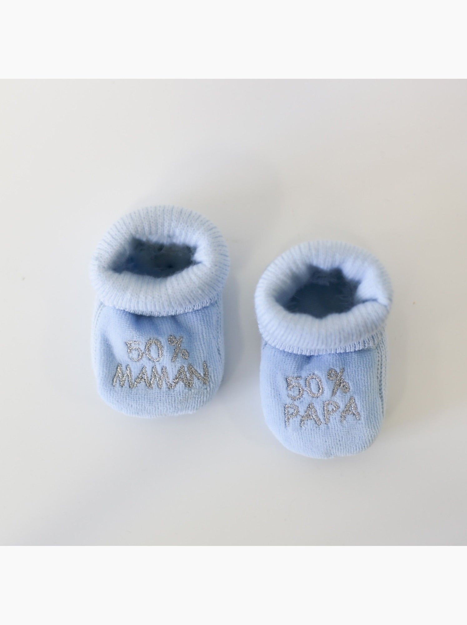 Chaussons naissance - message :  50% maman 50% papa - Vert clair