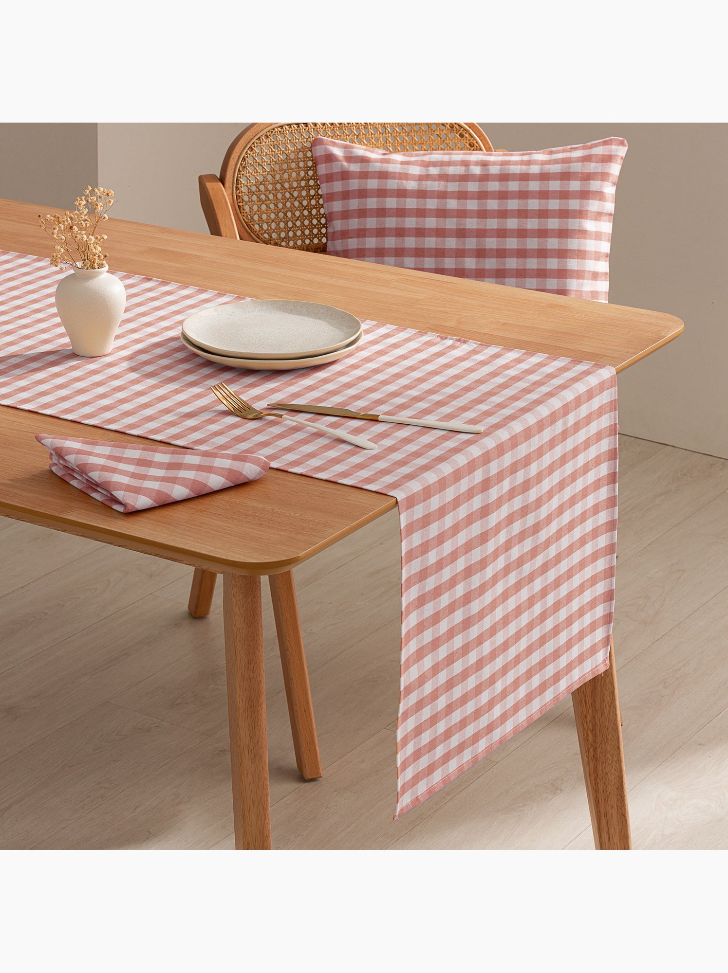 Chemin de table rectangulaire en coton à carreaux vichy, résistant à l'eau - gamusi. - Saumon
