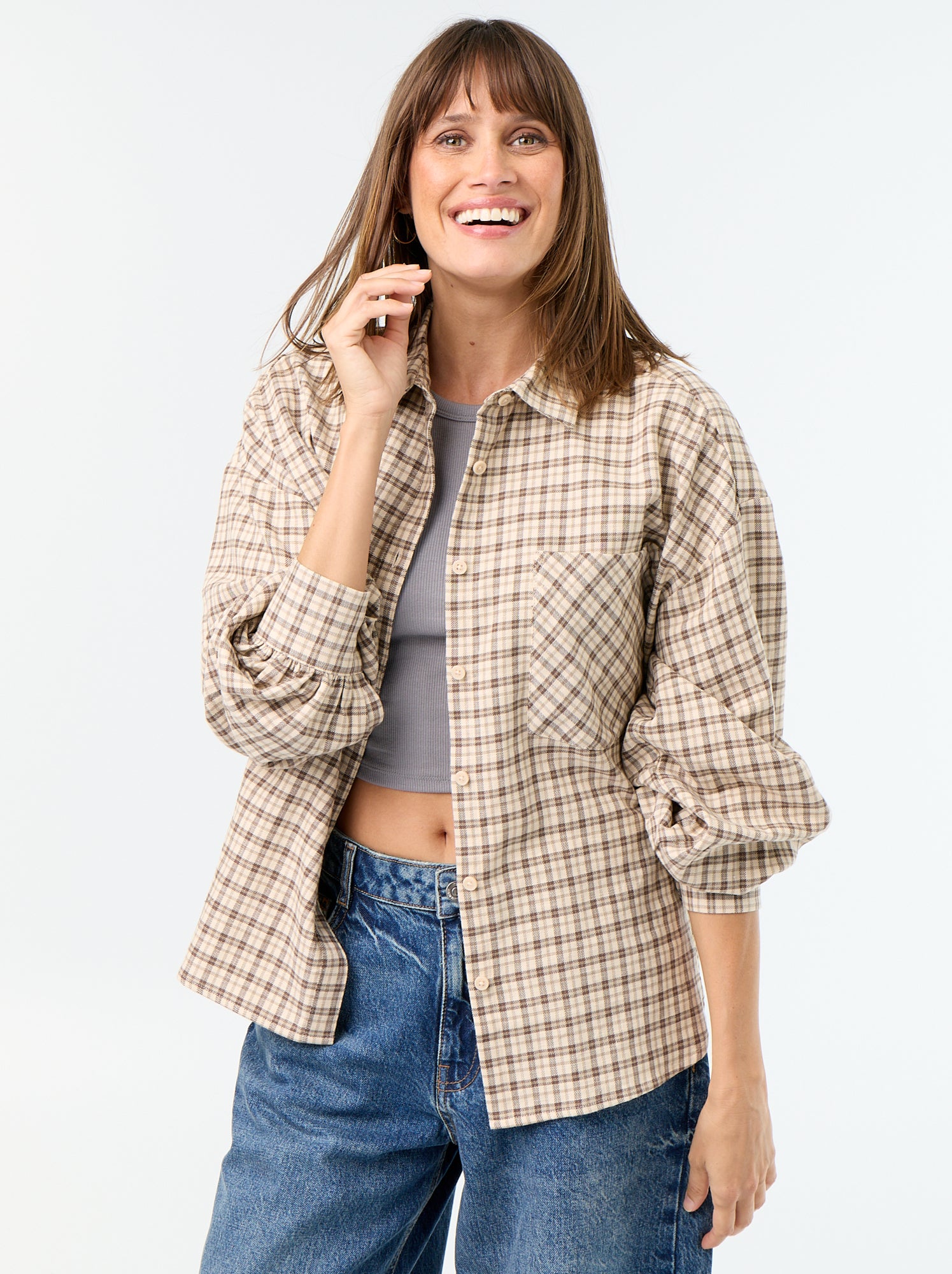 Chemise à carreaux manches longues - Beige