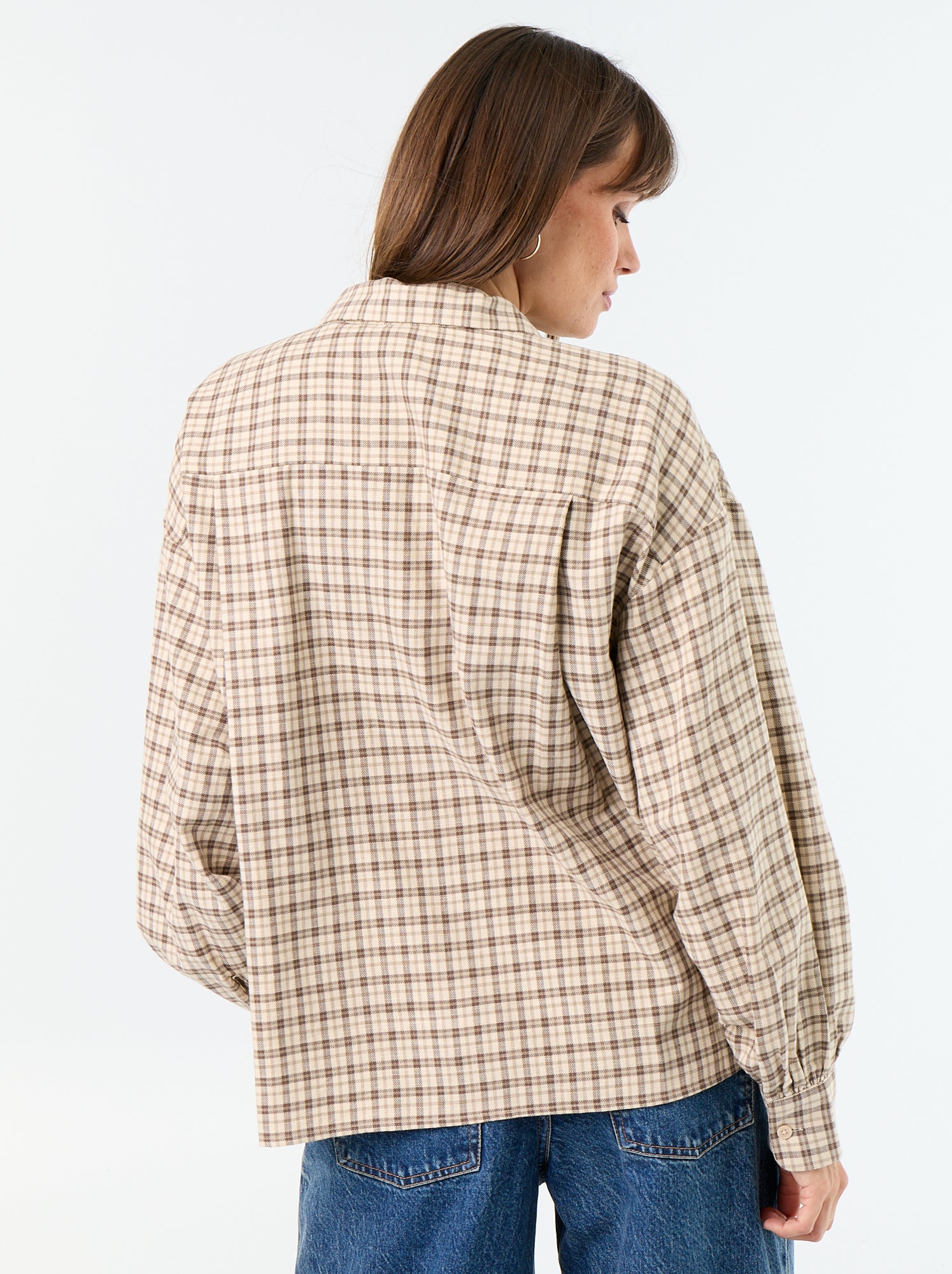 Chemise à carreaux manches longues - Beige