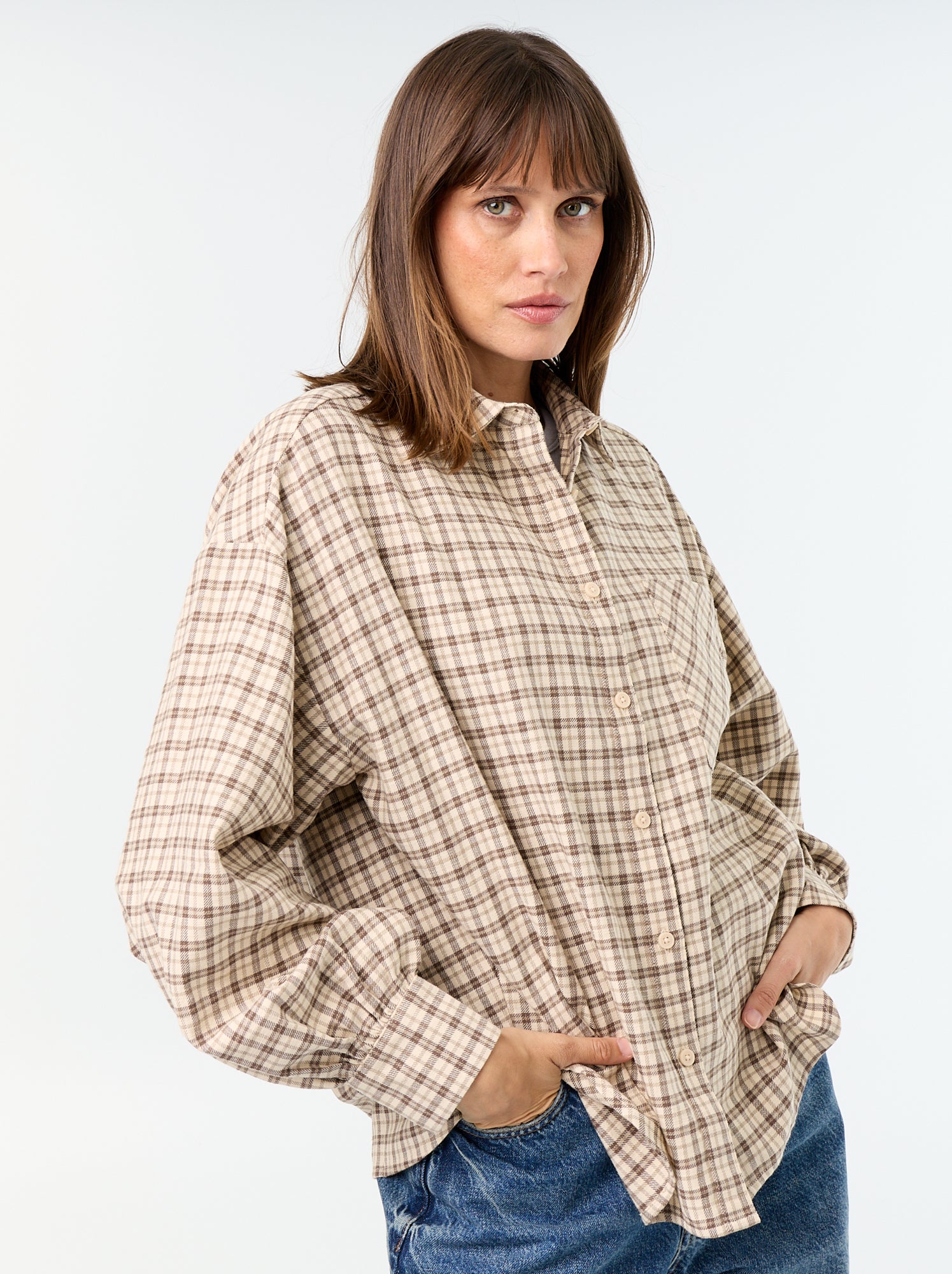Chemise à carreaux manches longues - Beige
