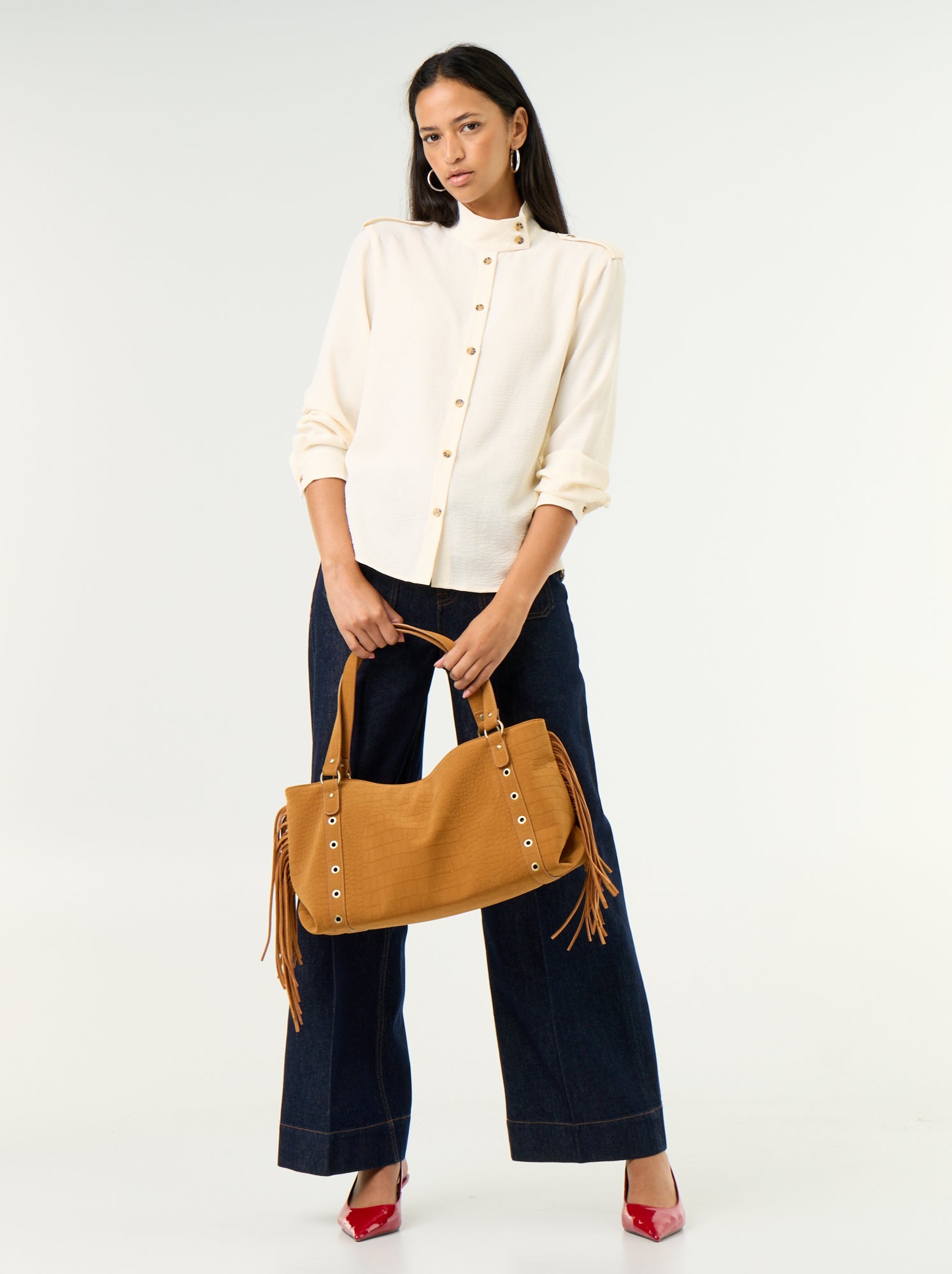 Chemise à col haut et empiècements épaules - Blanc