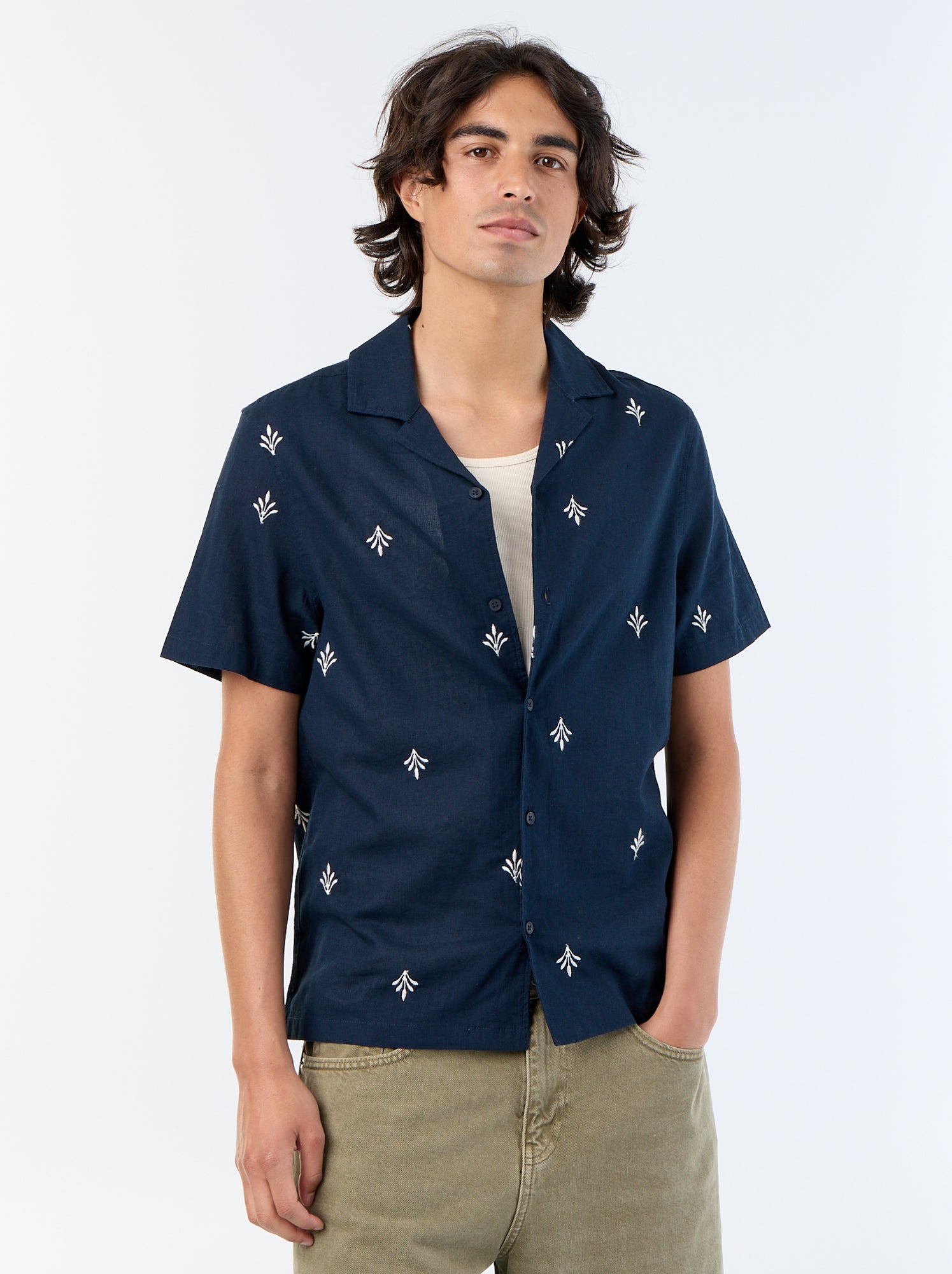 Chemise à manche courtes avec broderies - Bleu