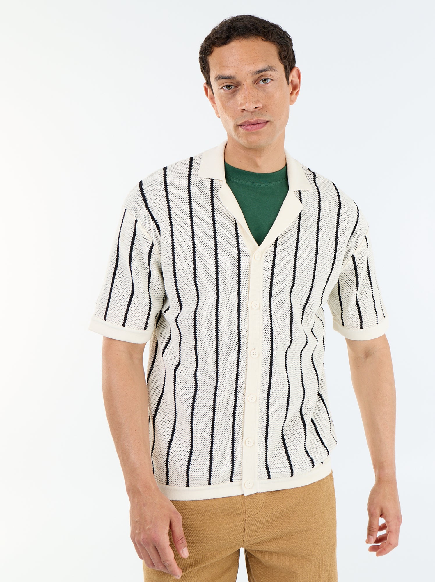 Chemise à manches courtes en maille ajourée - Beige