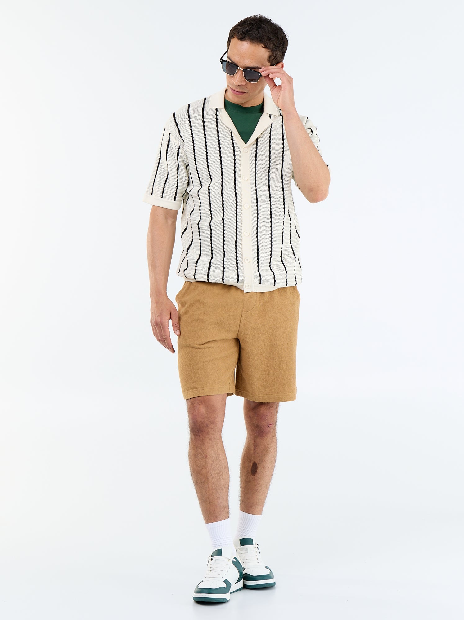 Chemise à manches courtes en maille ajourée - Beige