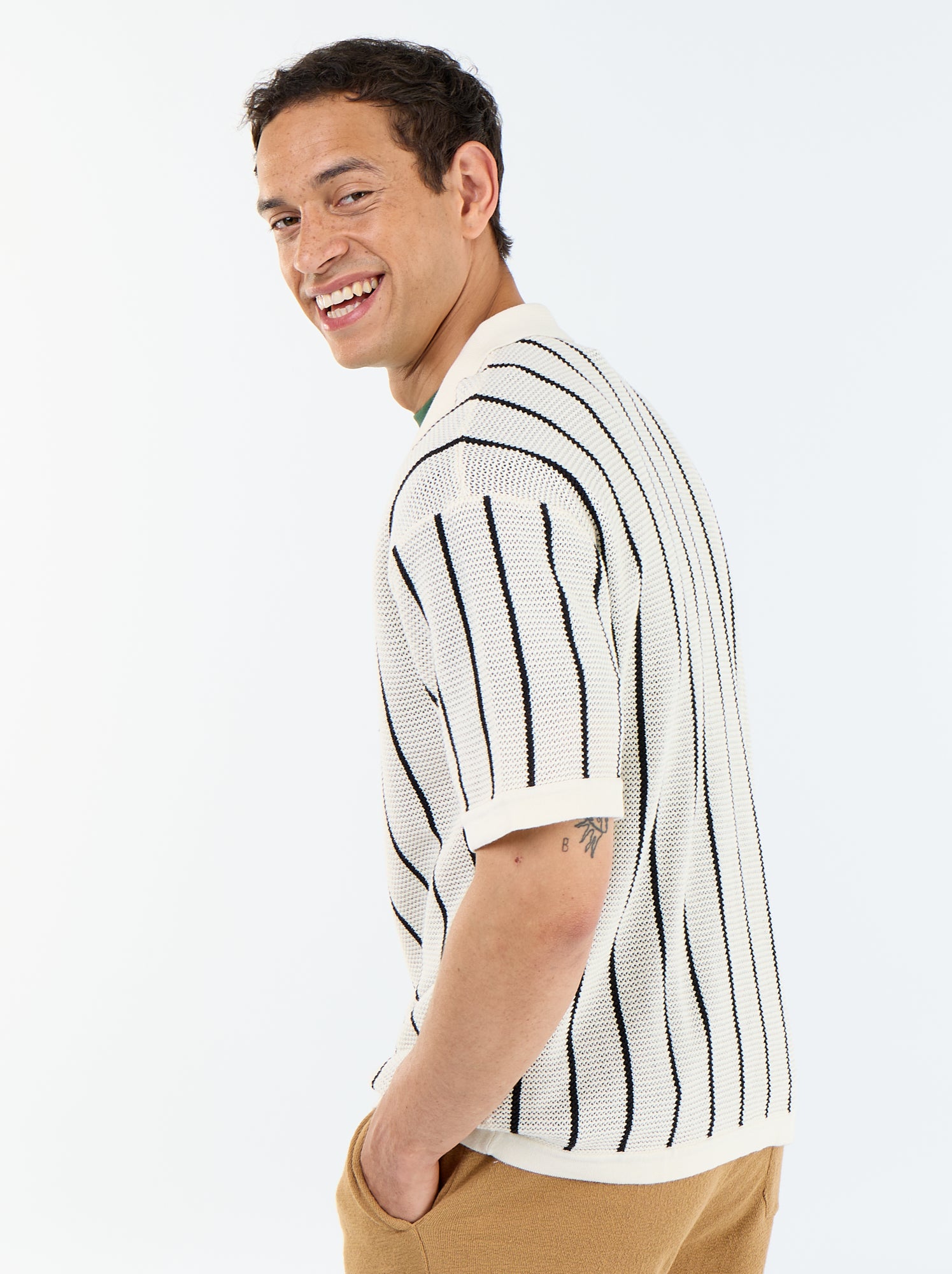 Chemise à manches courtes en maille ajourée - Beige
