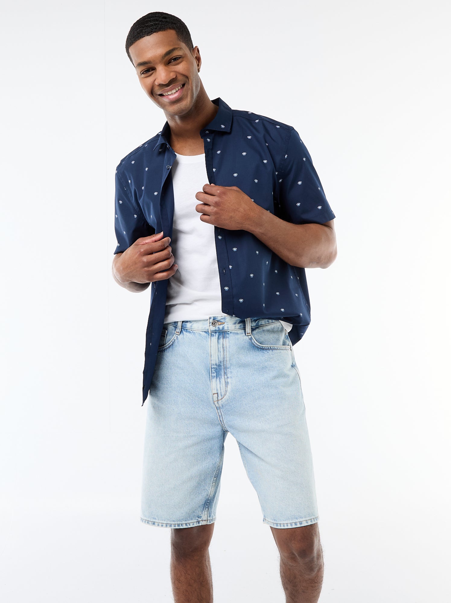 Chemise à manches courtes ouverture boutonnée - Bleu (FMK93_1)