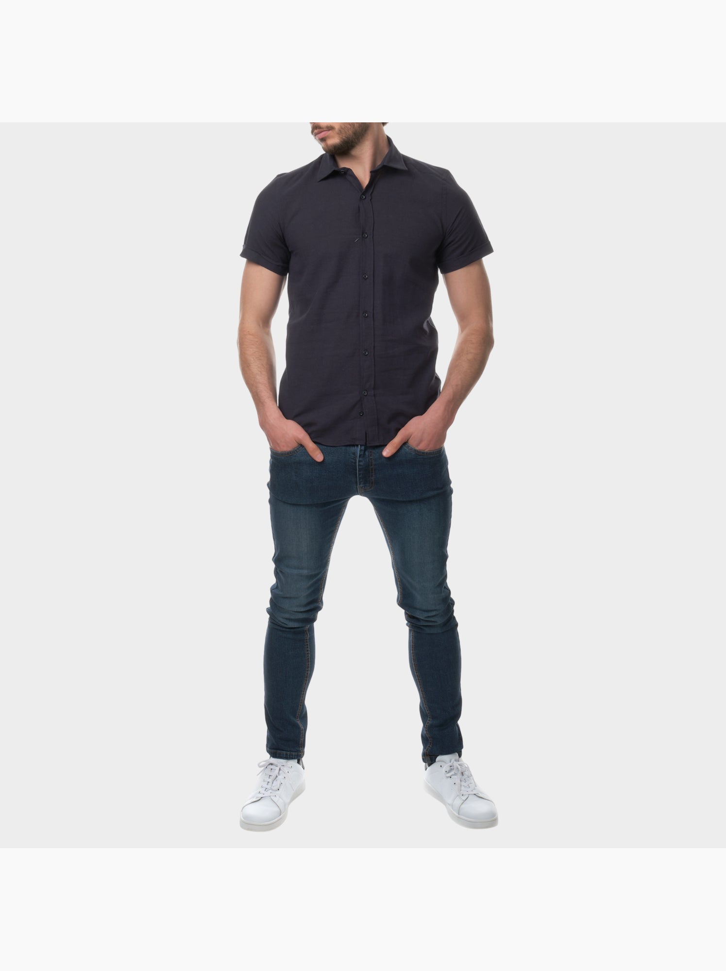 Chemise à manches courtes unie - Bleu marine