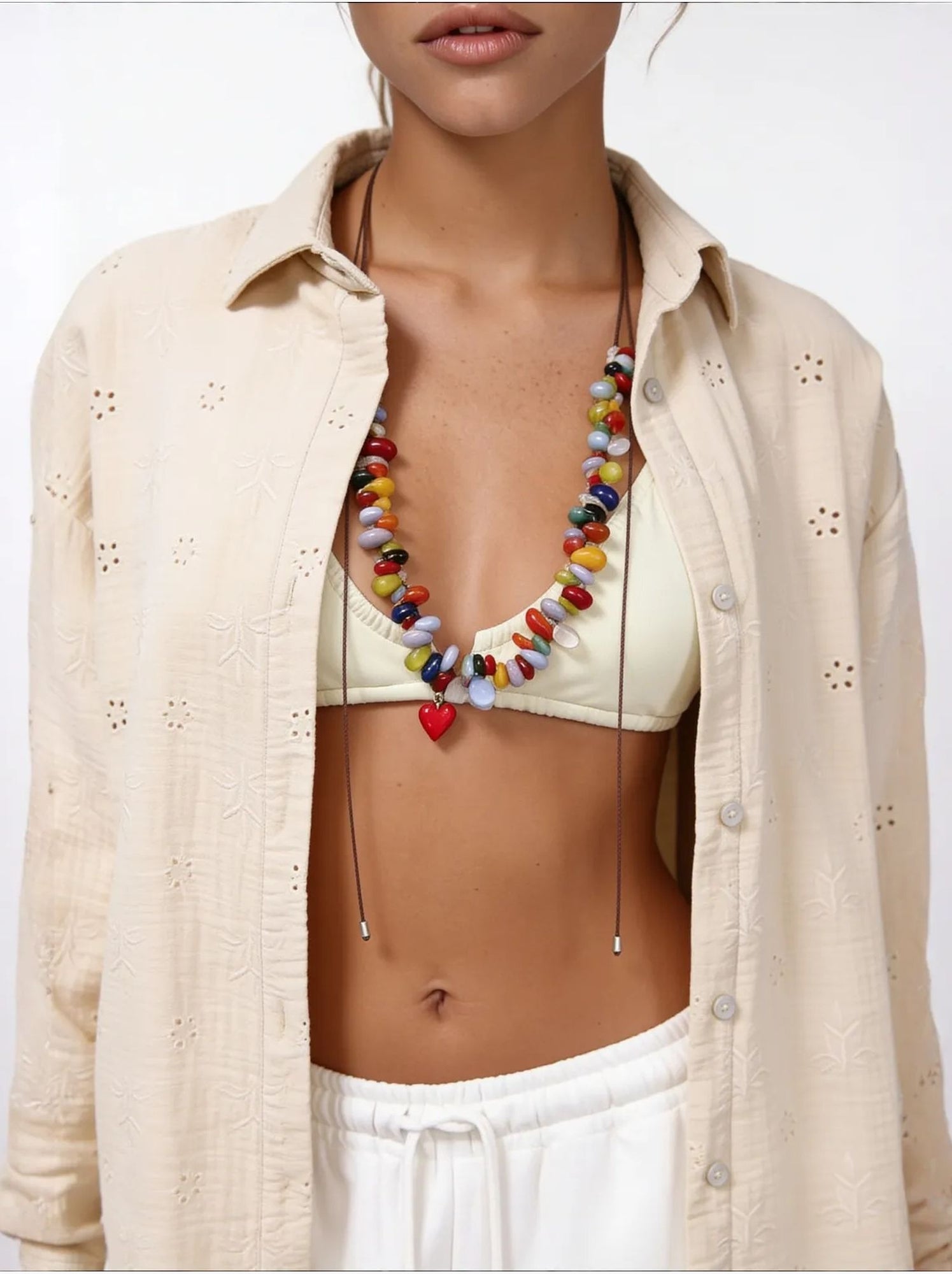Chemise à manches longues brodée texturée avec fermeture boutonnée istanbul - Beige argile