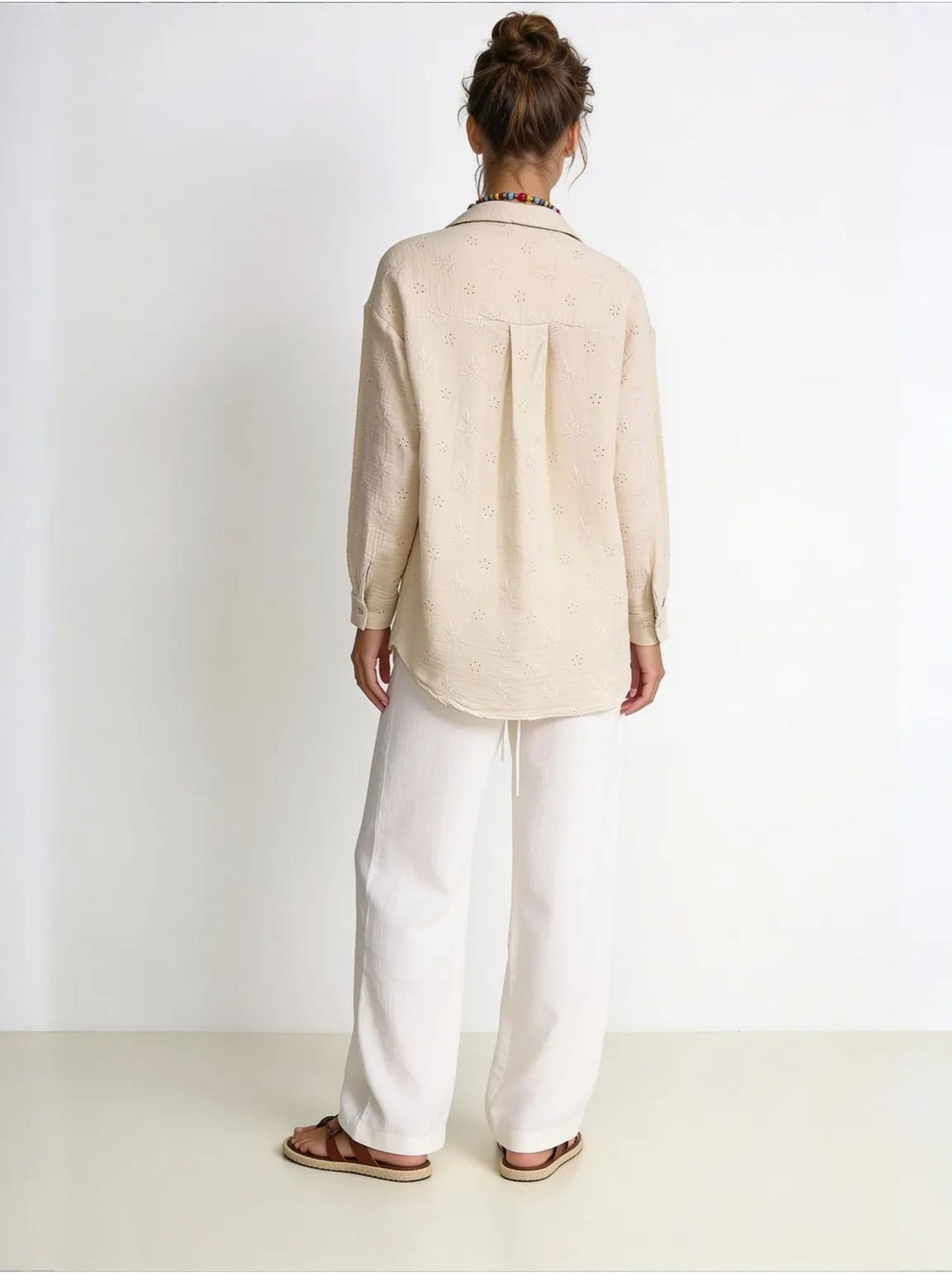Chemise à manches longues brodée texturée avec fermeture boutonnée istanbul - Beige argile