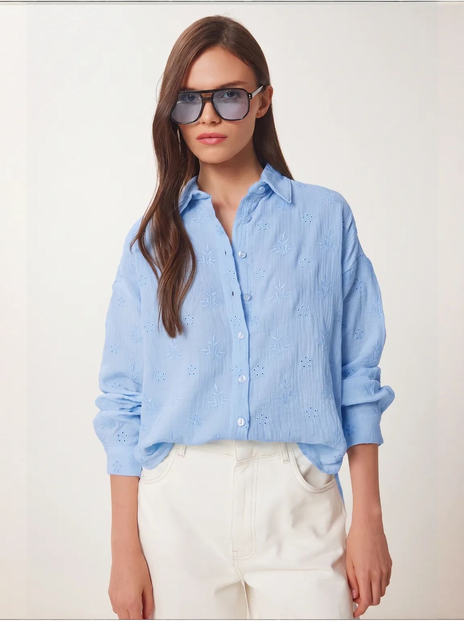 Chemise à manches longues brodée texturée avec fermeture boutonnée istanbul - Bleu ciel