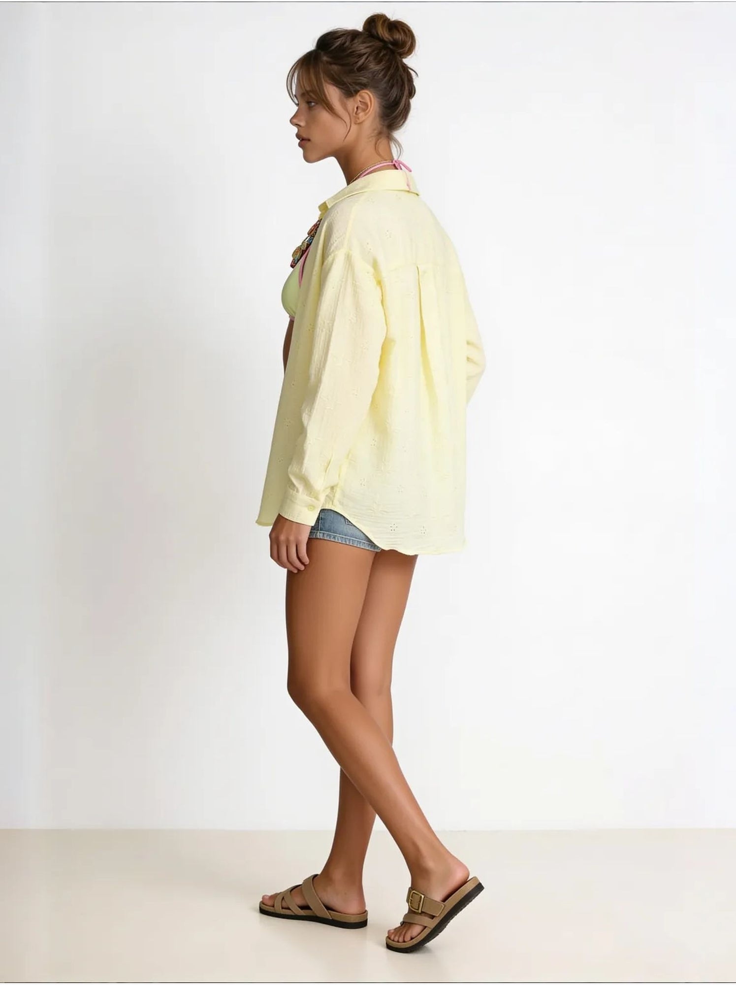 Chemise à manches longues brodée texturée avec fermeture boutonnée istanbul - Jaune citron