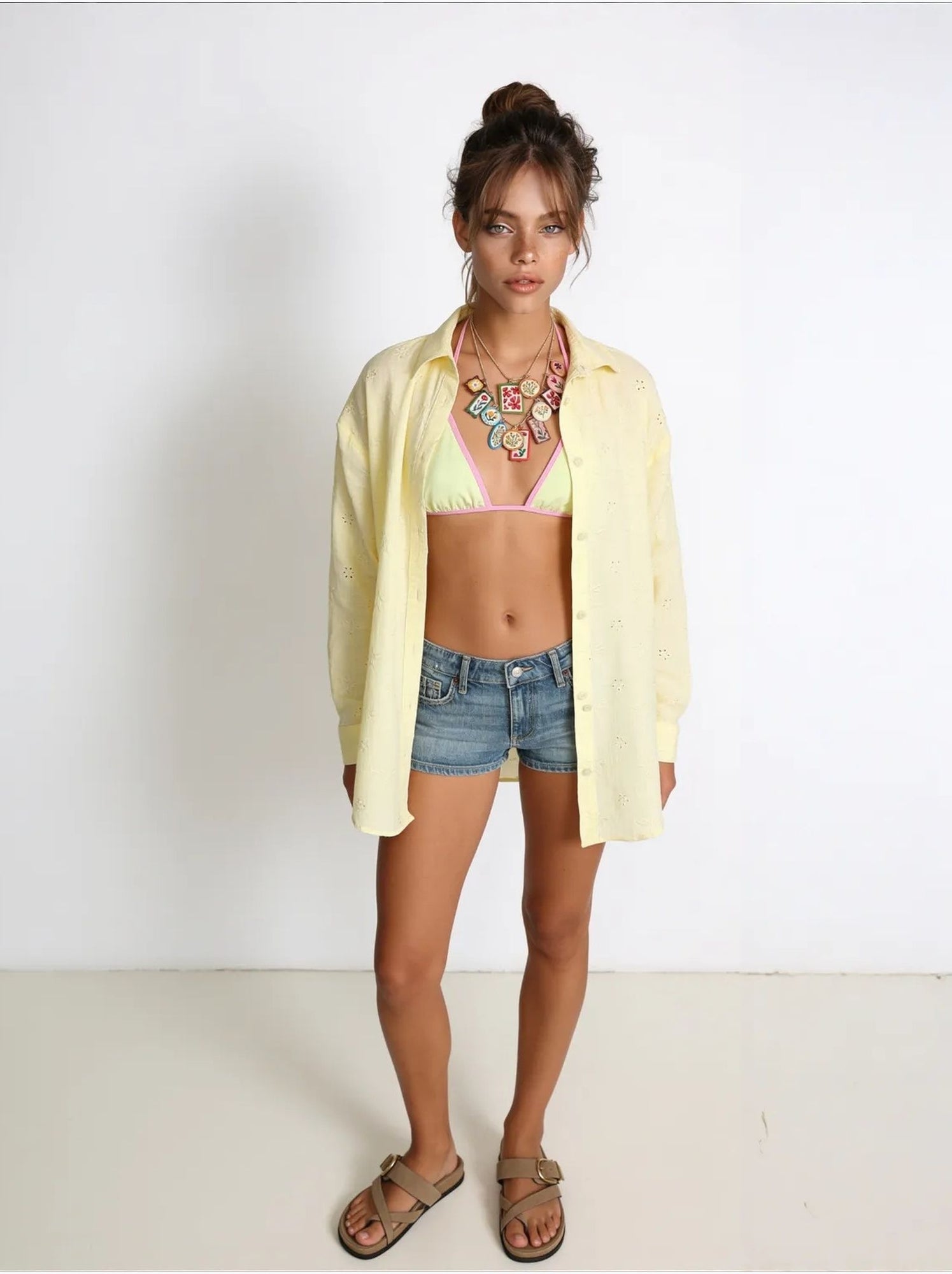 Chemise à manches longues brodée texturée avec fermeture boutonnée istanbul - Jaune citron