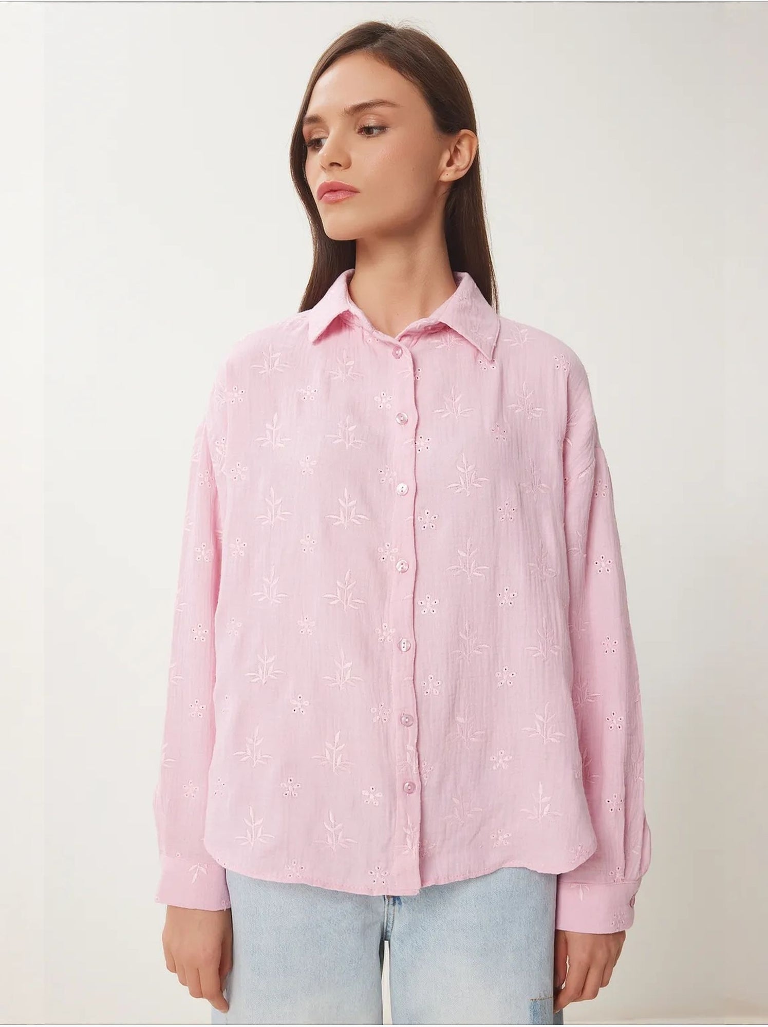 Chemise à manches longues brodée texturée avec fermeture boutonnée istanbul - Rose
