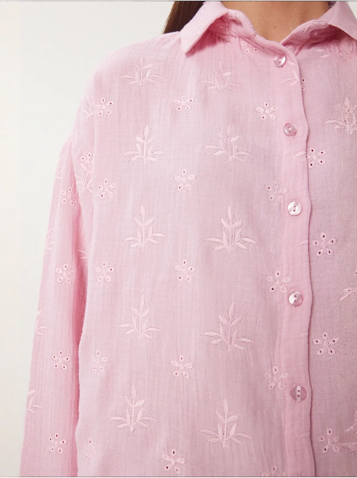 Chemise à manches longues brodée texturée avec fermeture boutonnée istanbul - Rose