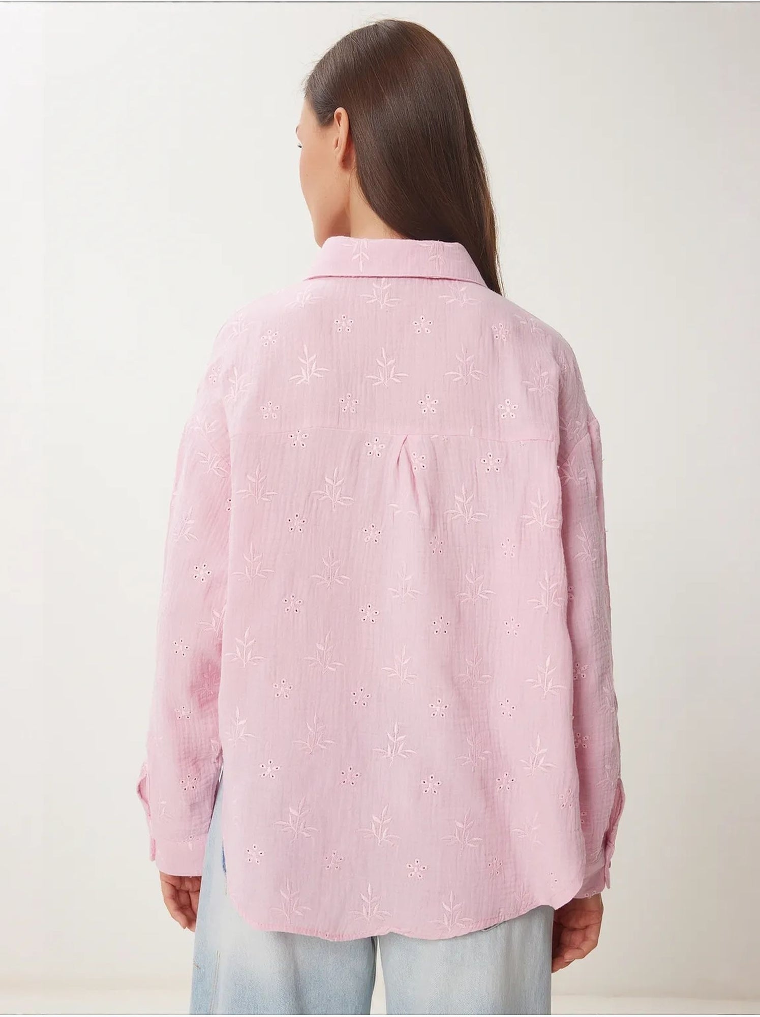Chemise à manches longues brodée texturée avec fermeture boutonnée istanbul - Rose