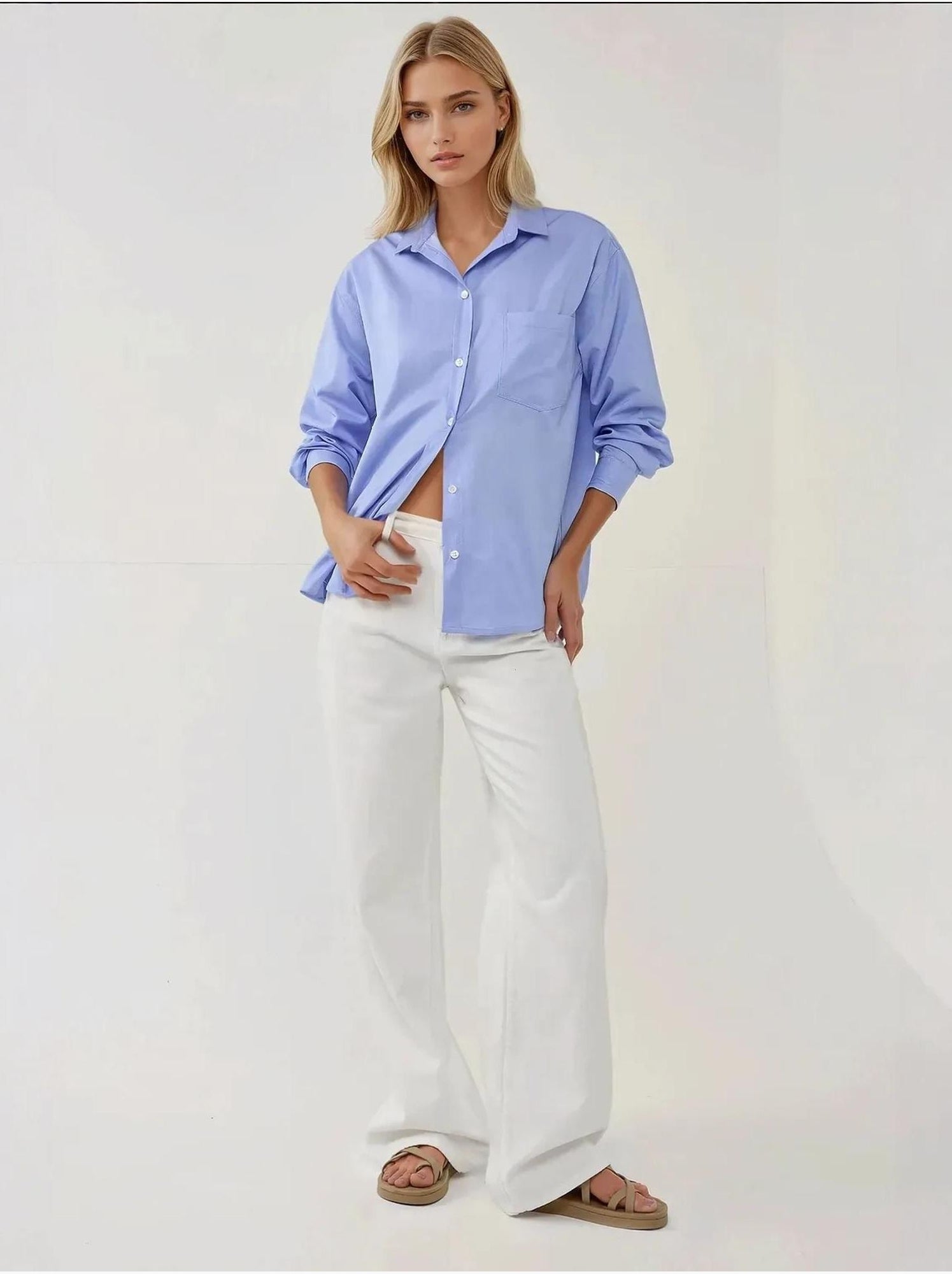 Chemise à manches longues texturée coupe classique, toucher lin - Bleu