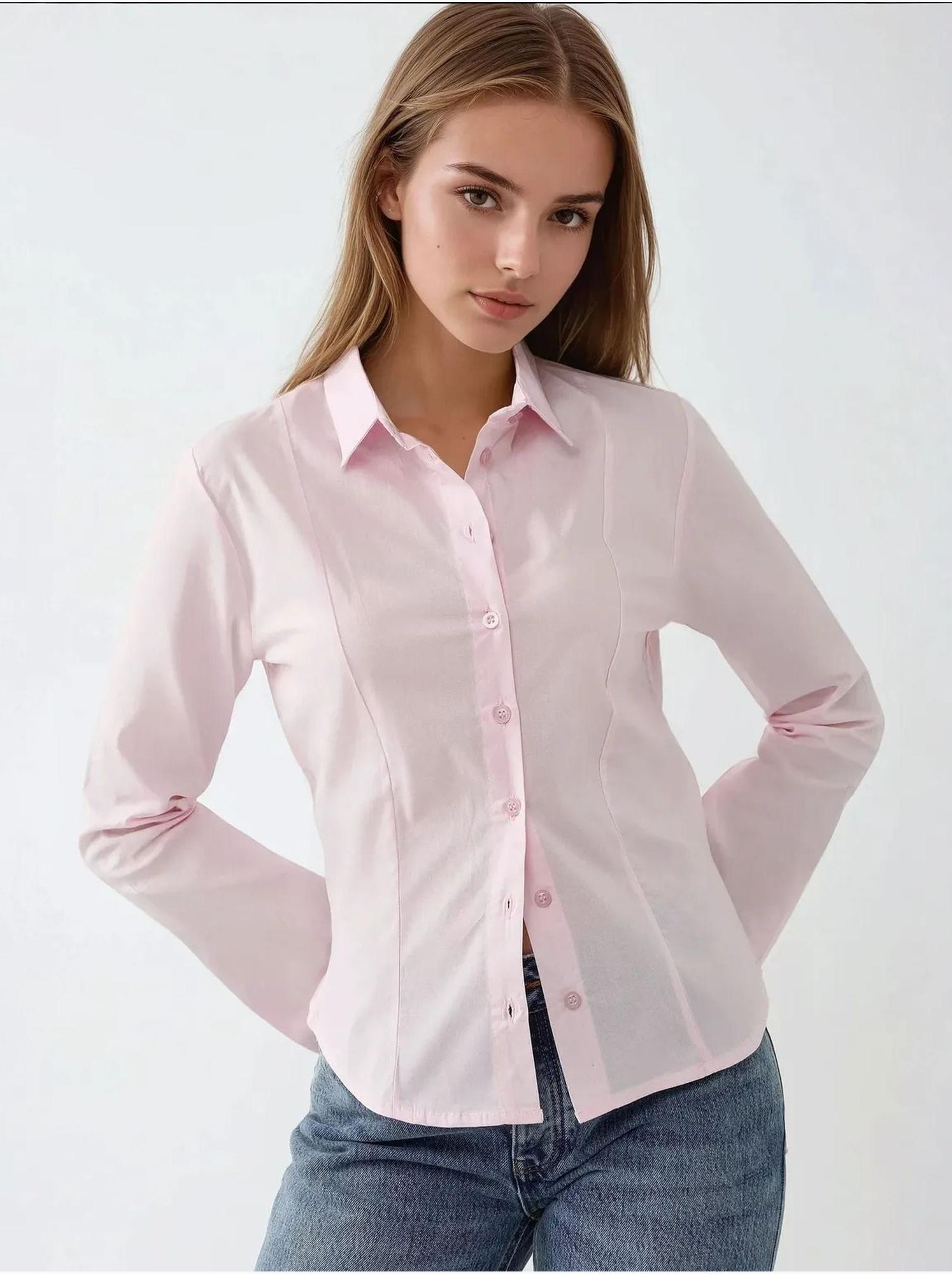 Chemise ajustée à manches longues - Rose pâle
