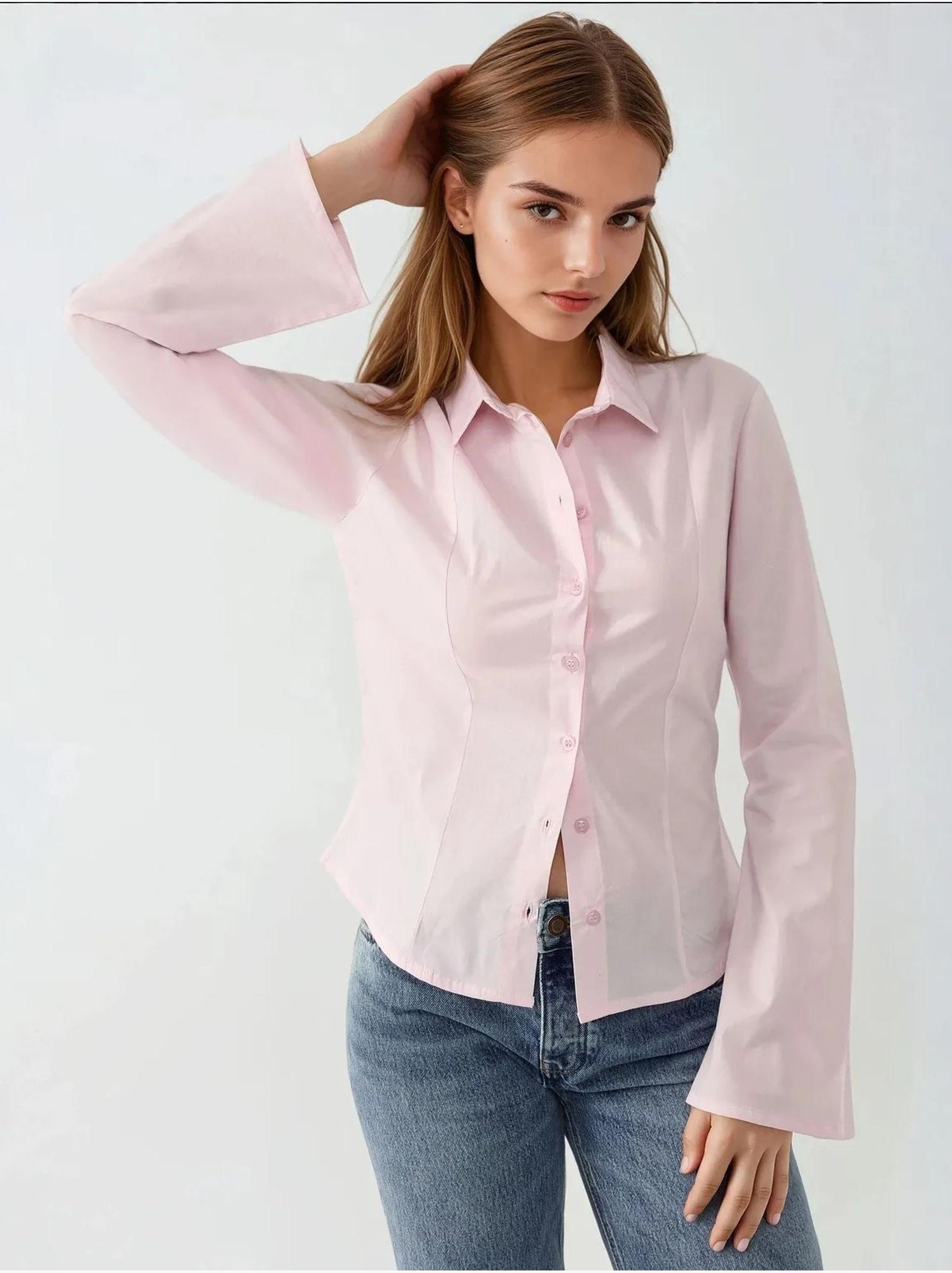 Chemise ajustée à manches longues - Rose pâle