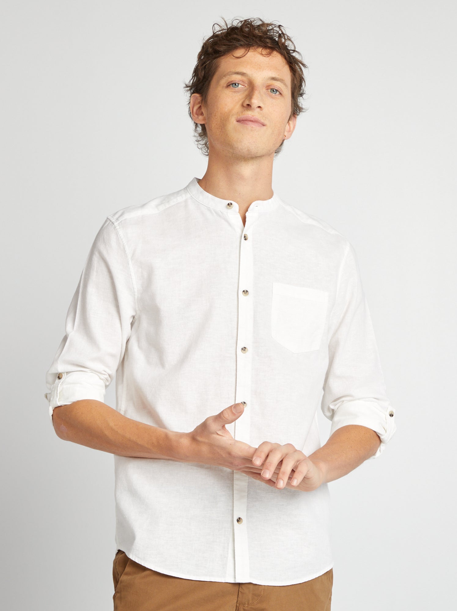 Chemise col mao avec lin - Blanc