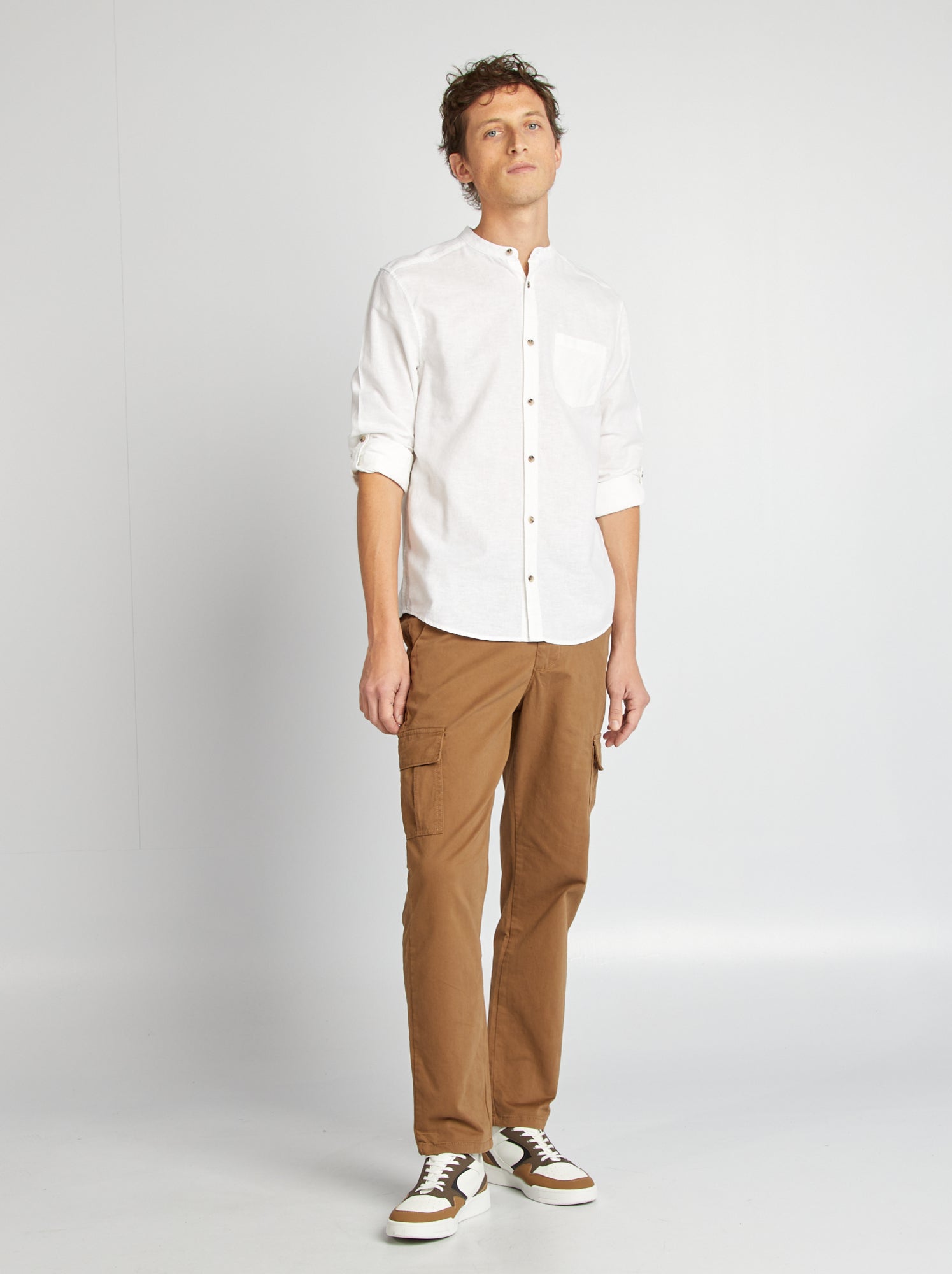 Chemise col mao avec lin - Blanc