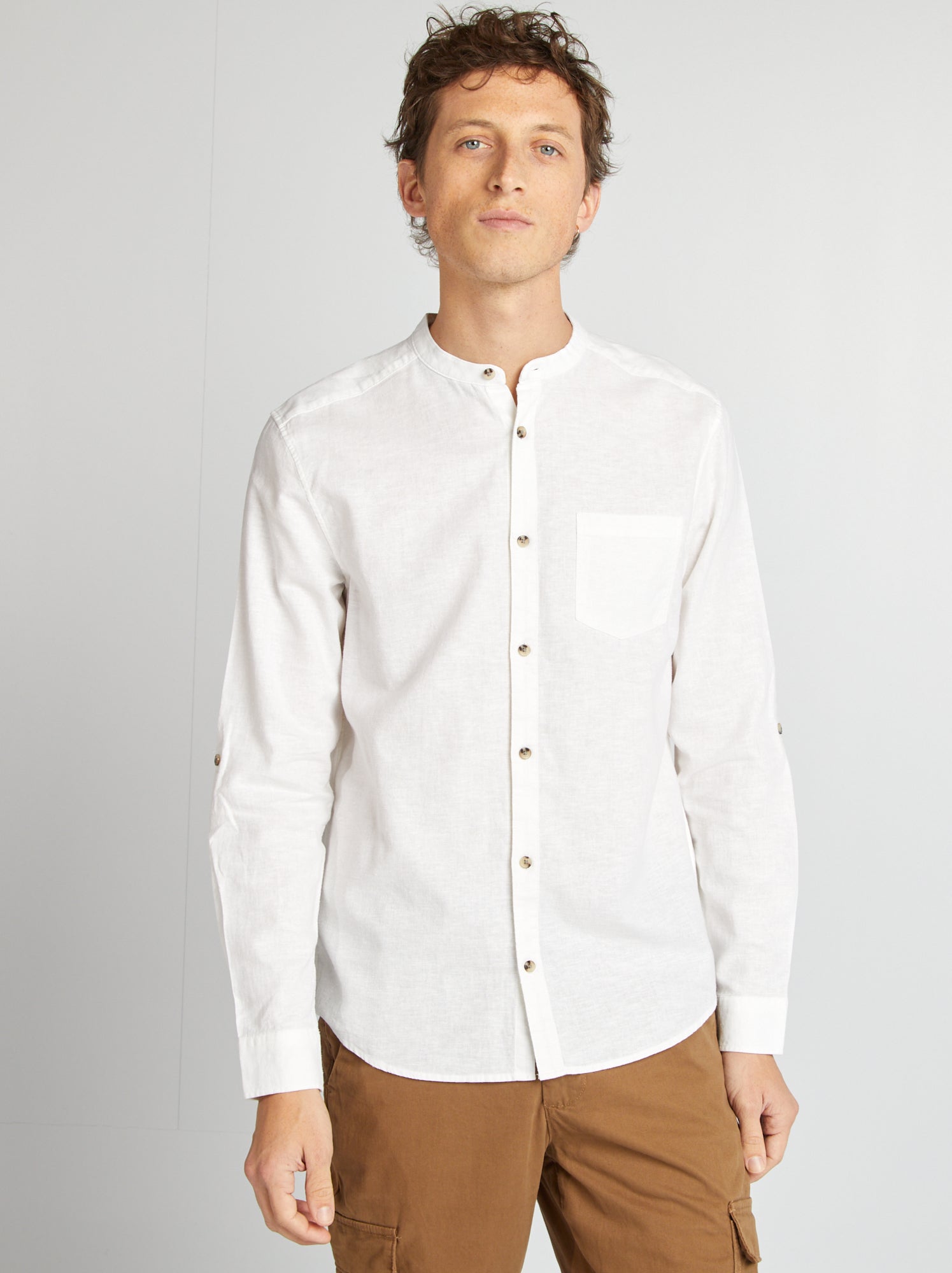 Chemise col mao avec lin - Blanc