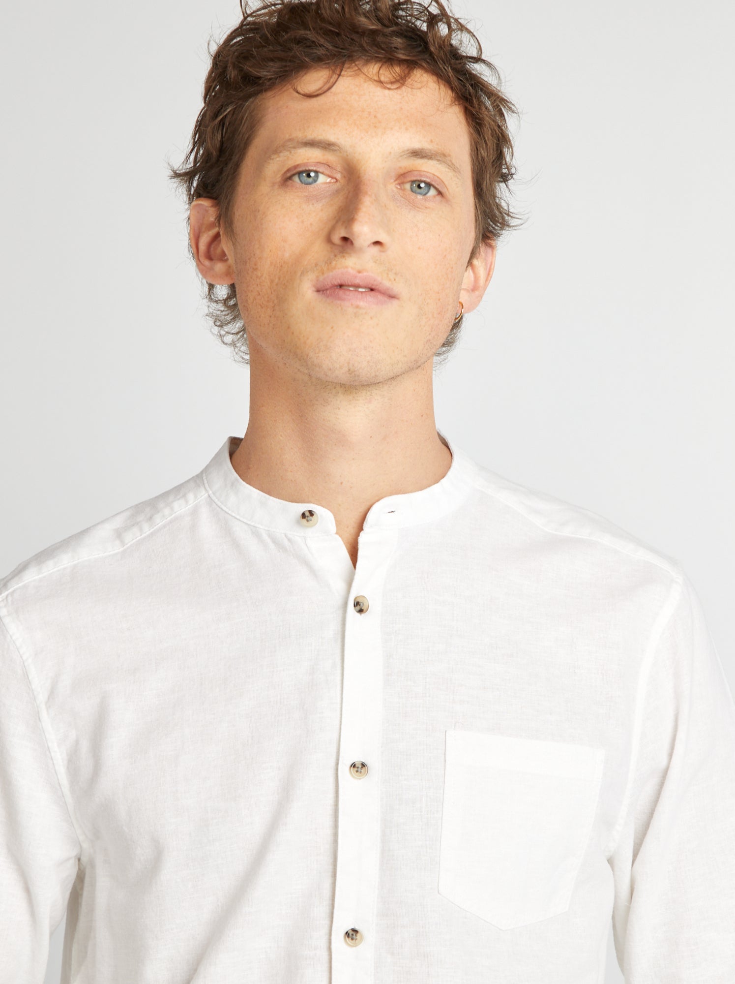 Chemise col mao avec lin - Blanc