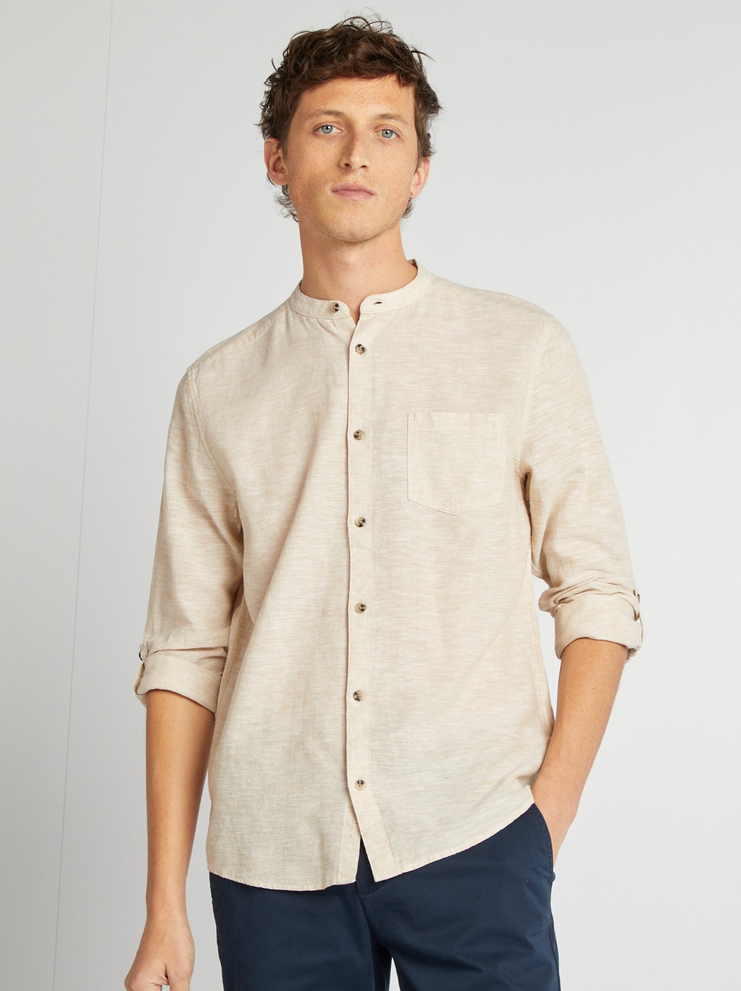 Chemise col mao avec lin - Ecru