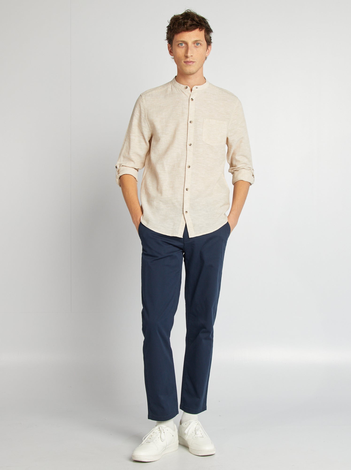 Chemise col mao avec lin - Ecru