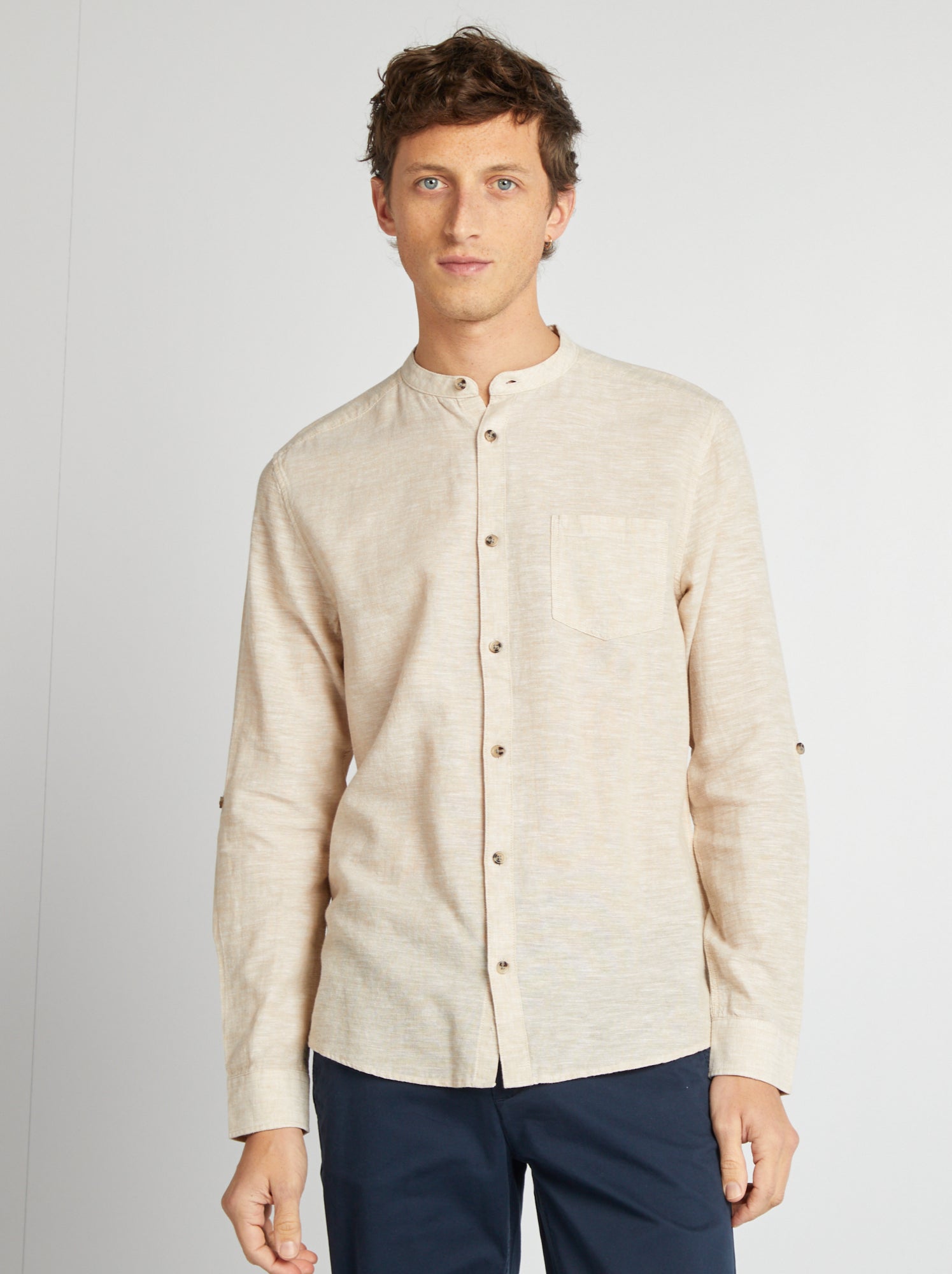 Chemise col mao avec lin - Ecru