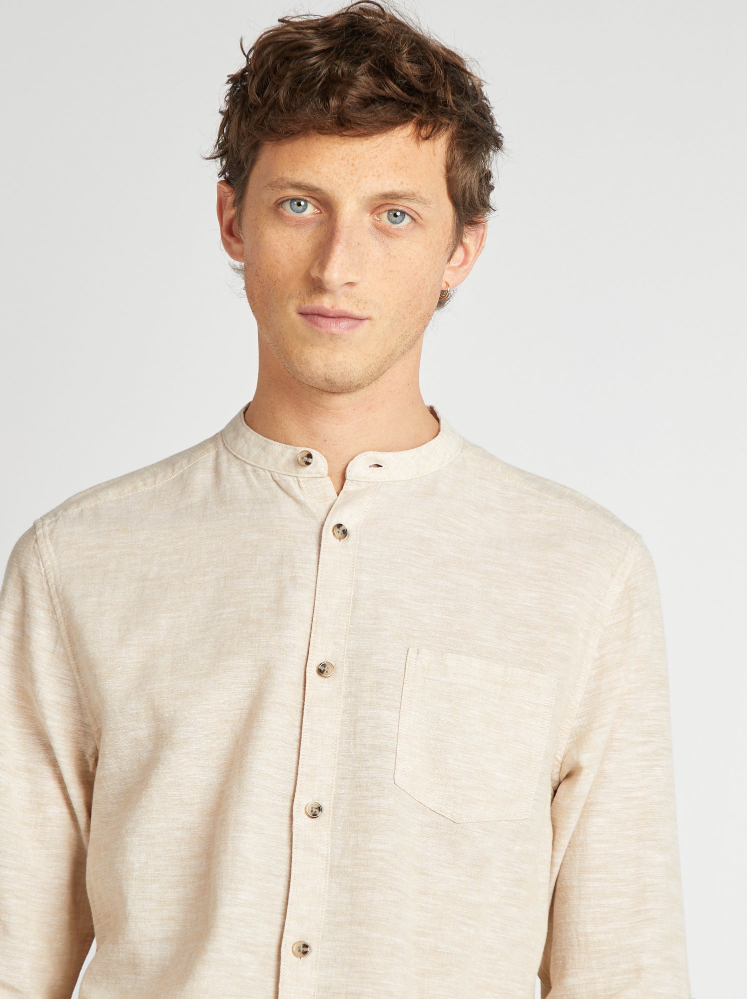 Chemise col mao avec lin - Ecru