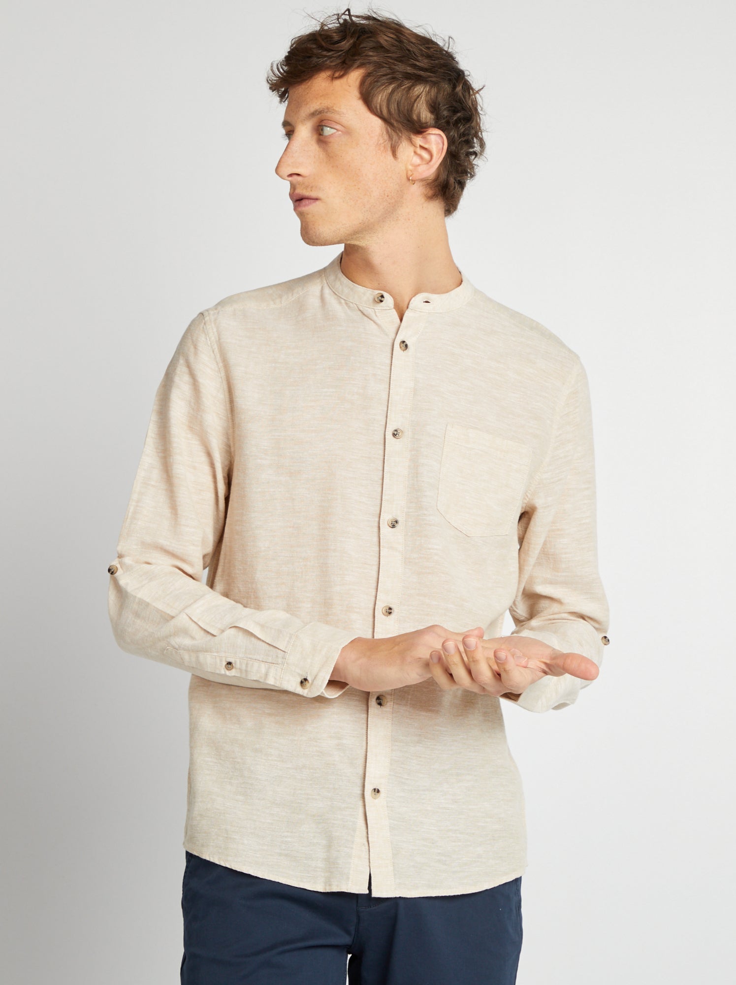 Chemise col mao avec lin - Ecru