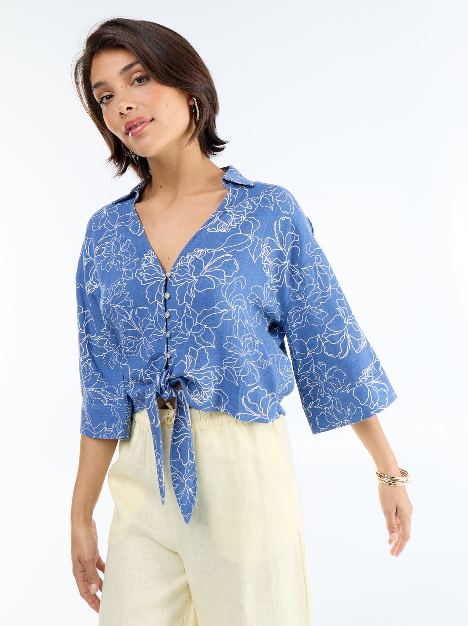 Chemise courte oversize nouée - Bleu