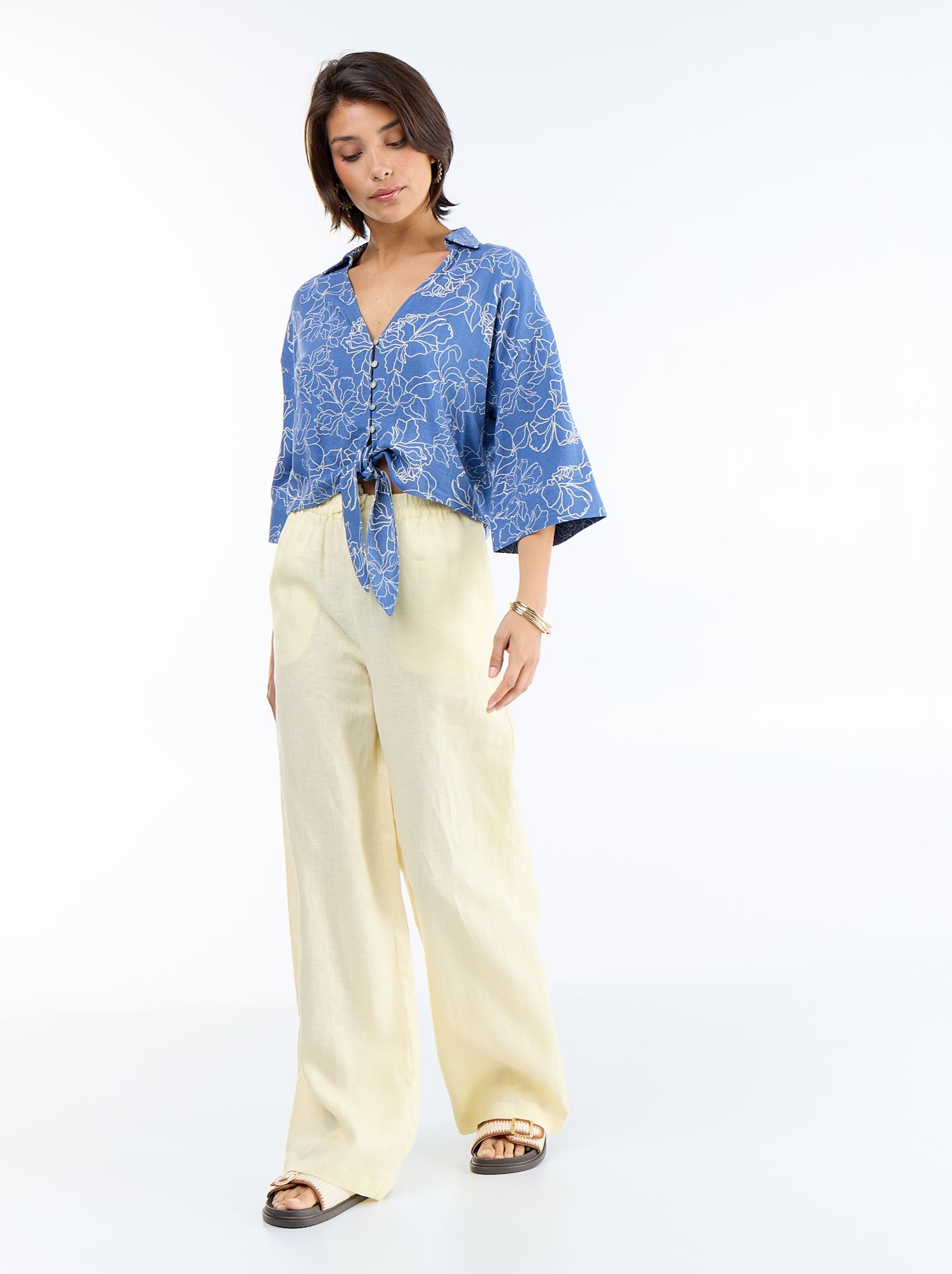 Chemise courte oversize nouée - Bleu