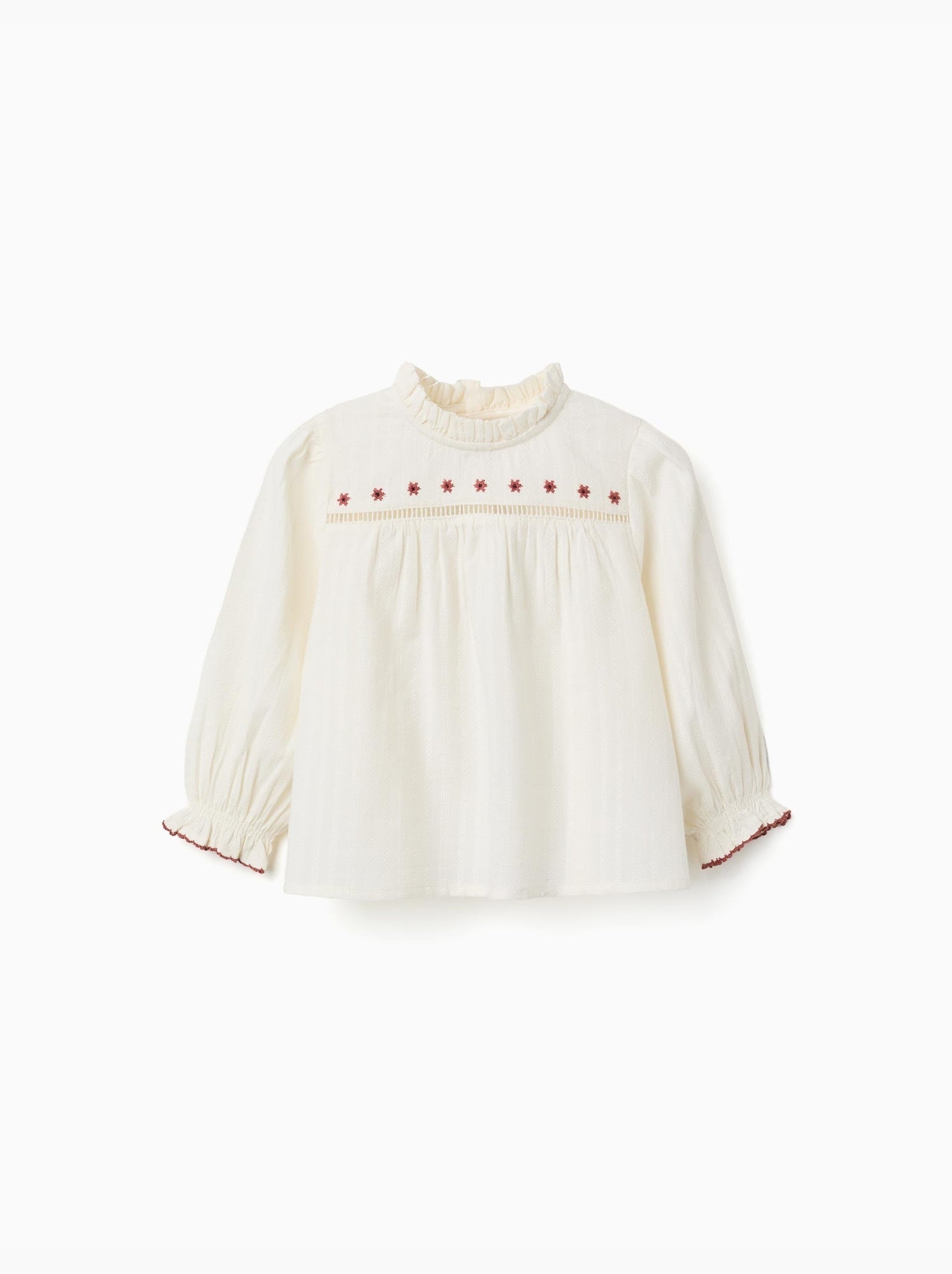 Chemise en coton à manches longues avec fleurs et volants - Blanc