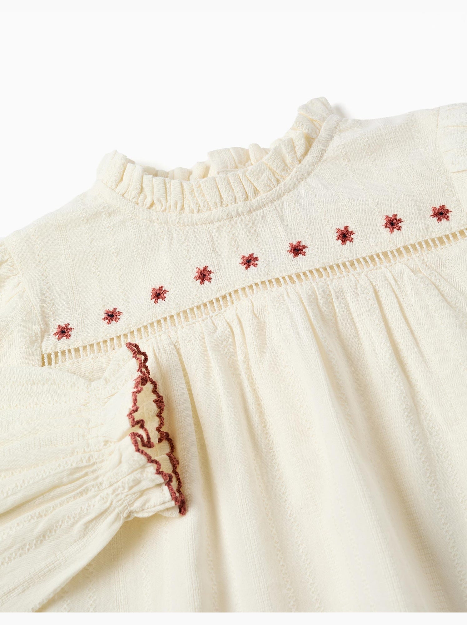Chemise en coton à manches longues avec fleurs et volants - Blanc
