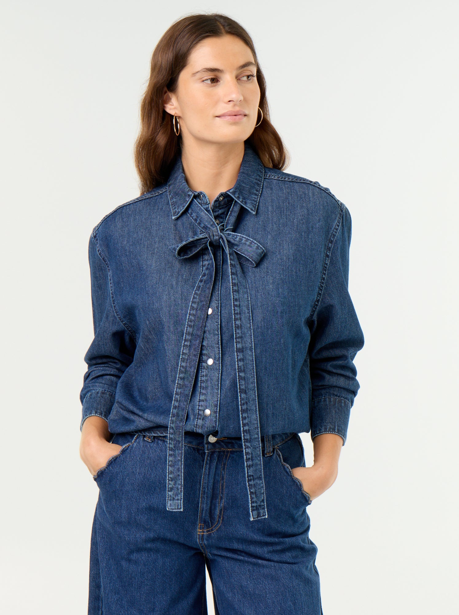 Chemise en denim avec col lavallière - Bleu (GJM18_4)