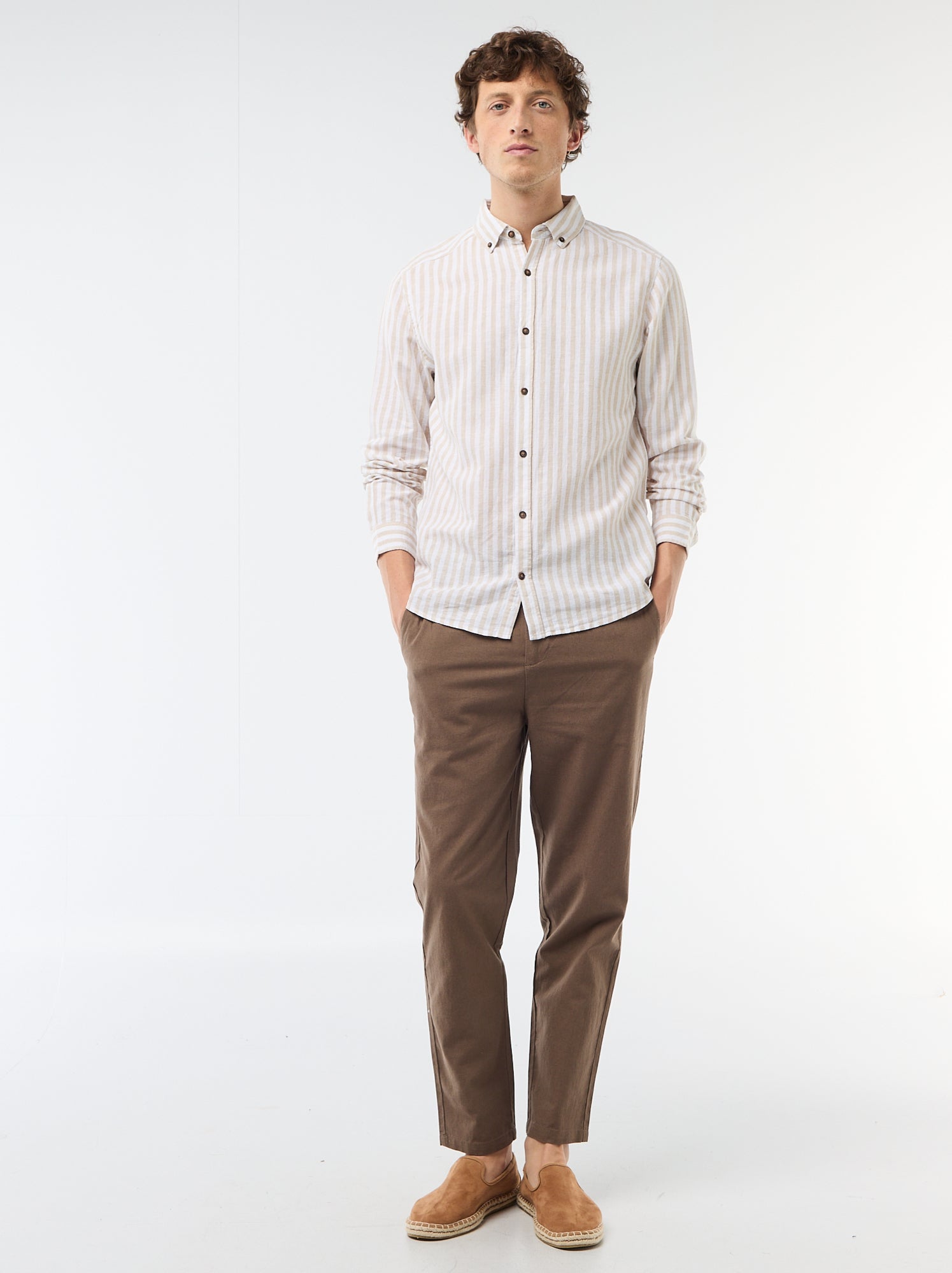 Chemise en lin et coton rayée - Beige