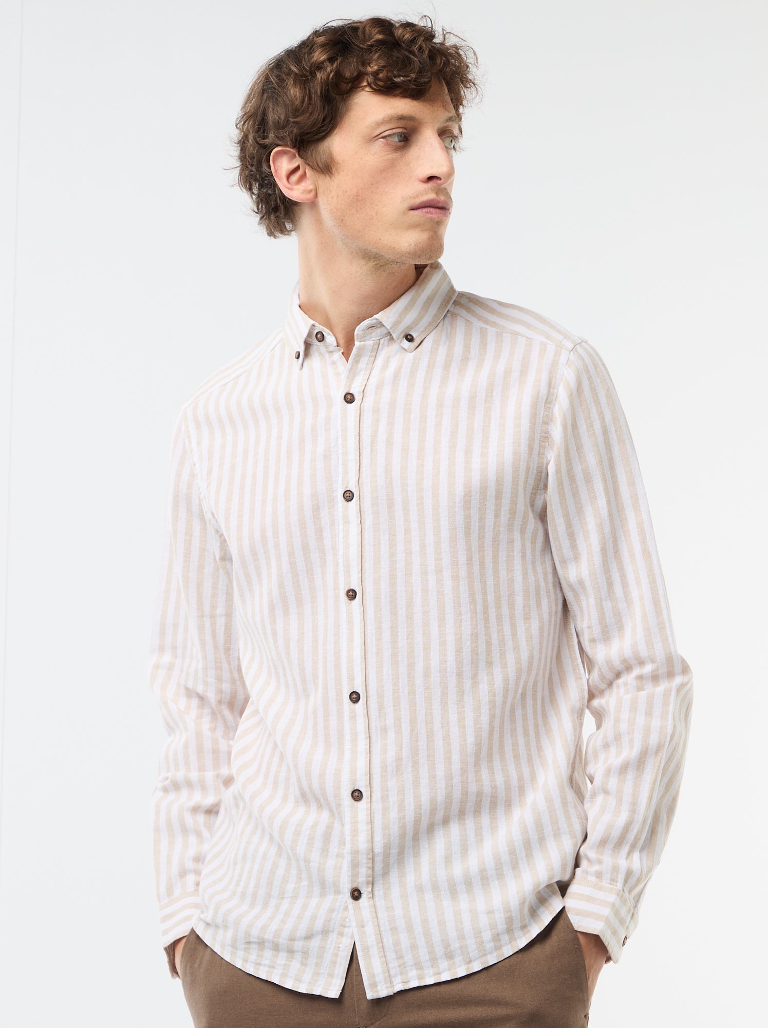 Chemise en lin et coton rayée - Beige