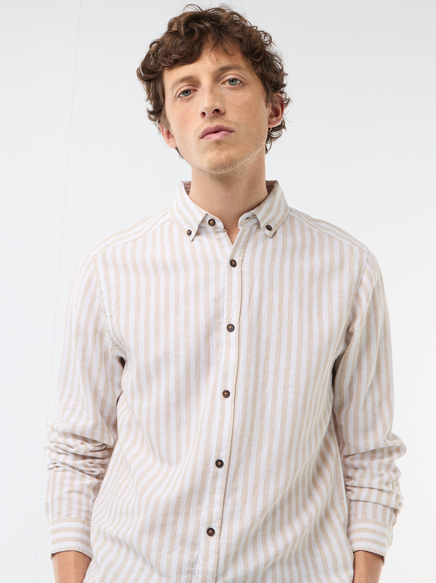 Chemise en lin et coton rayée - Beige