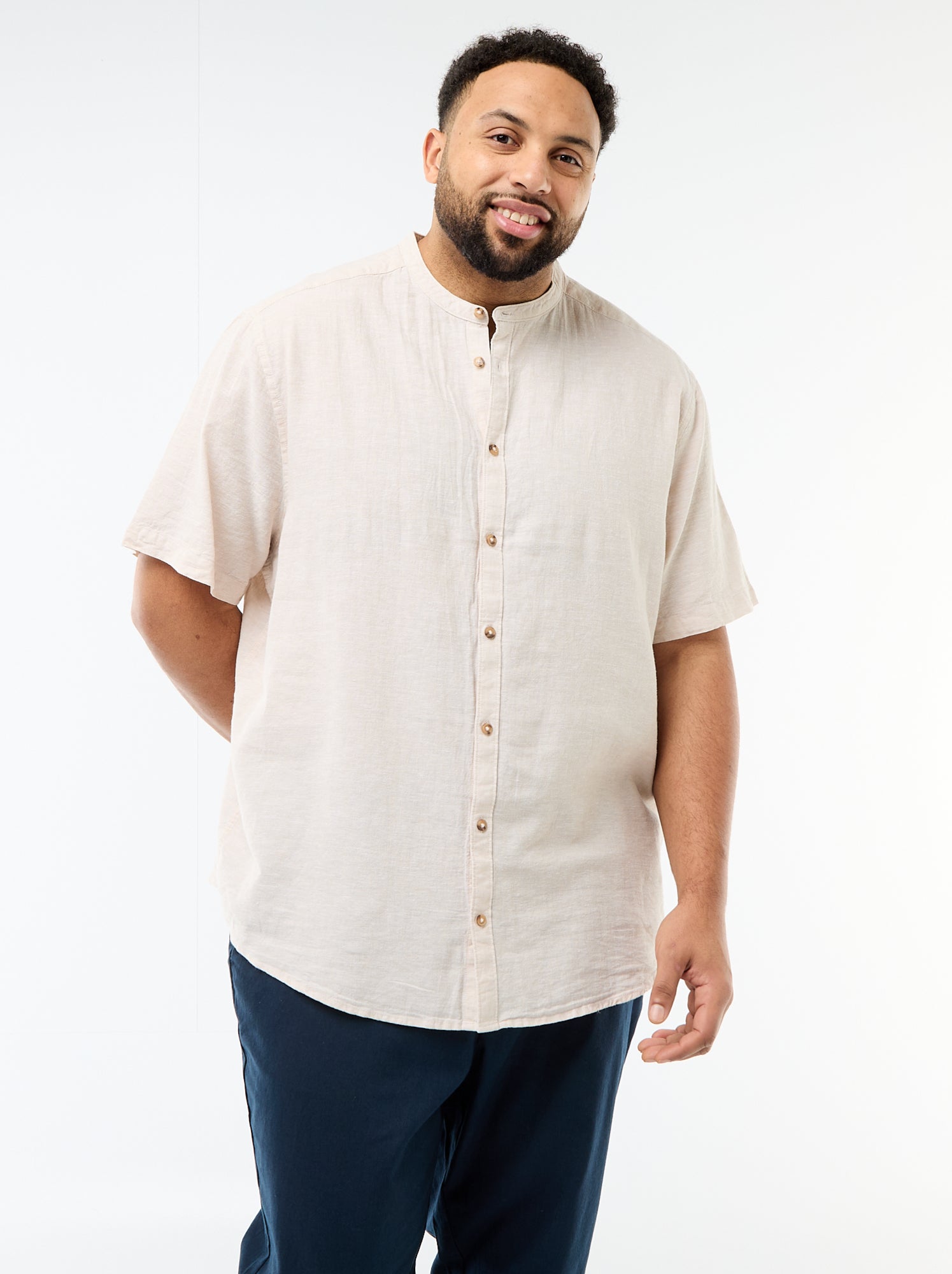 Chemise en lin mélangé à manches courtes - Beige